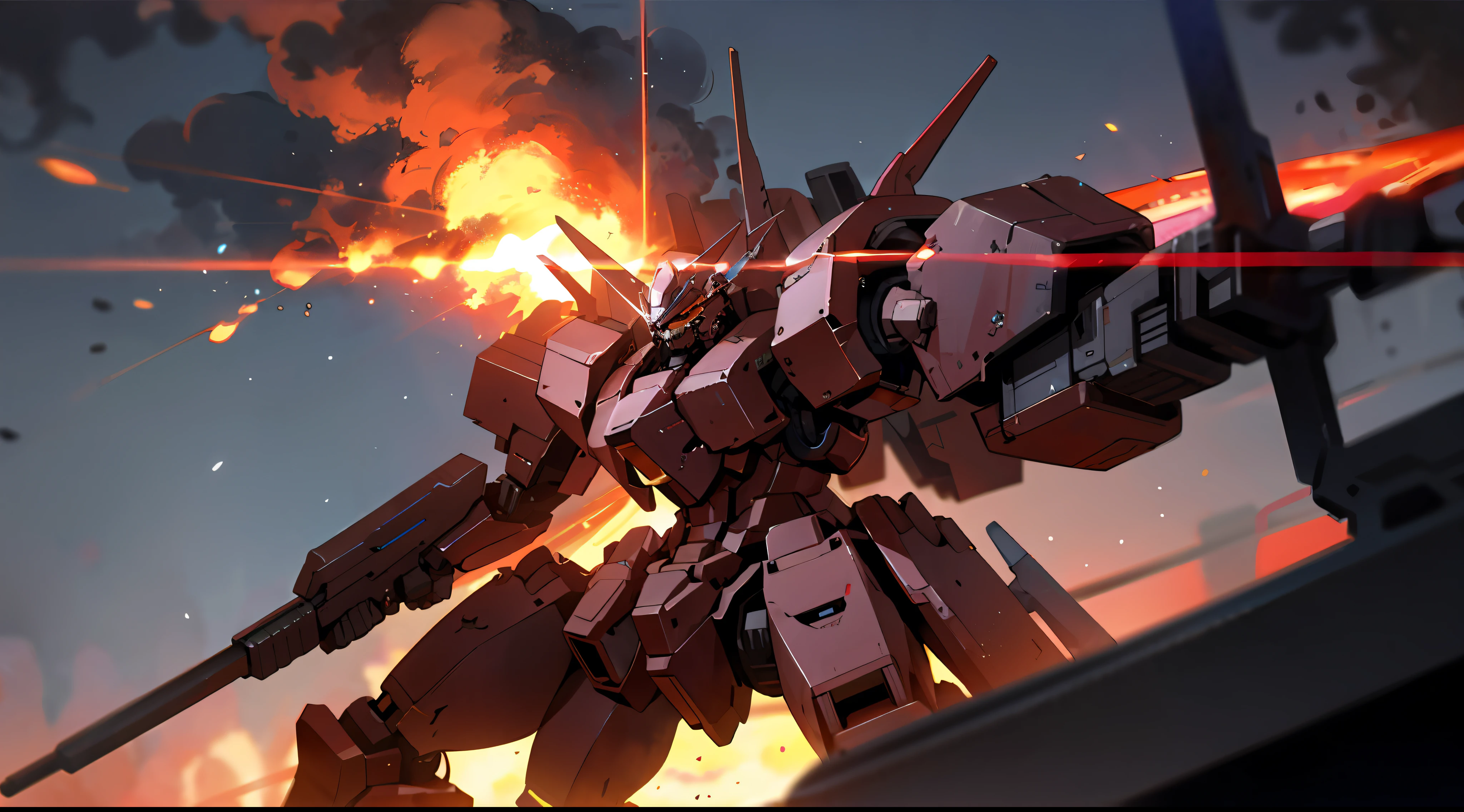 Colorful armored core in a flaming city, burning red cosmic sky