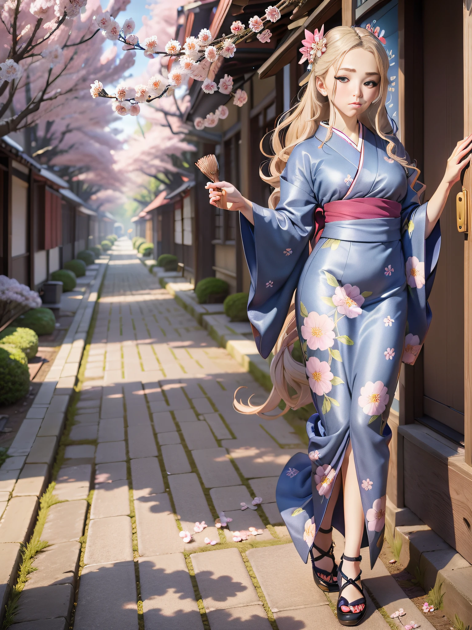 full body,full shot,sfw,beautiful russian girl in the image of a geisha with big bright blue eyes and long fluffy eyelashes Nordic type with a perfect miniature and graceful figure and very long and fluffy wavy wheat-colored hair stands full-length in the alley against a blooming Japanese pink sakura in a Japanese kimono colour NAVY BLUE and Japanese shoes gatte colour NAVY BLUE, The kimono of the girl is laced with intricate patterns of appliqué and embroidery of sakura blossoms, small breasts with bulges are translucent through the fabric, the ground on which the girl stands is studded with sakura petals, scene highly artistic, high resolution, sharp focus, Migjorni-V5 artistic style, hyperphotorealism, perfect proportions, golden ratio, flare, outline, sunlight, soft glow, soft focus, photography technique Monocle