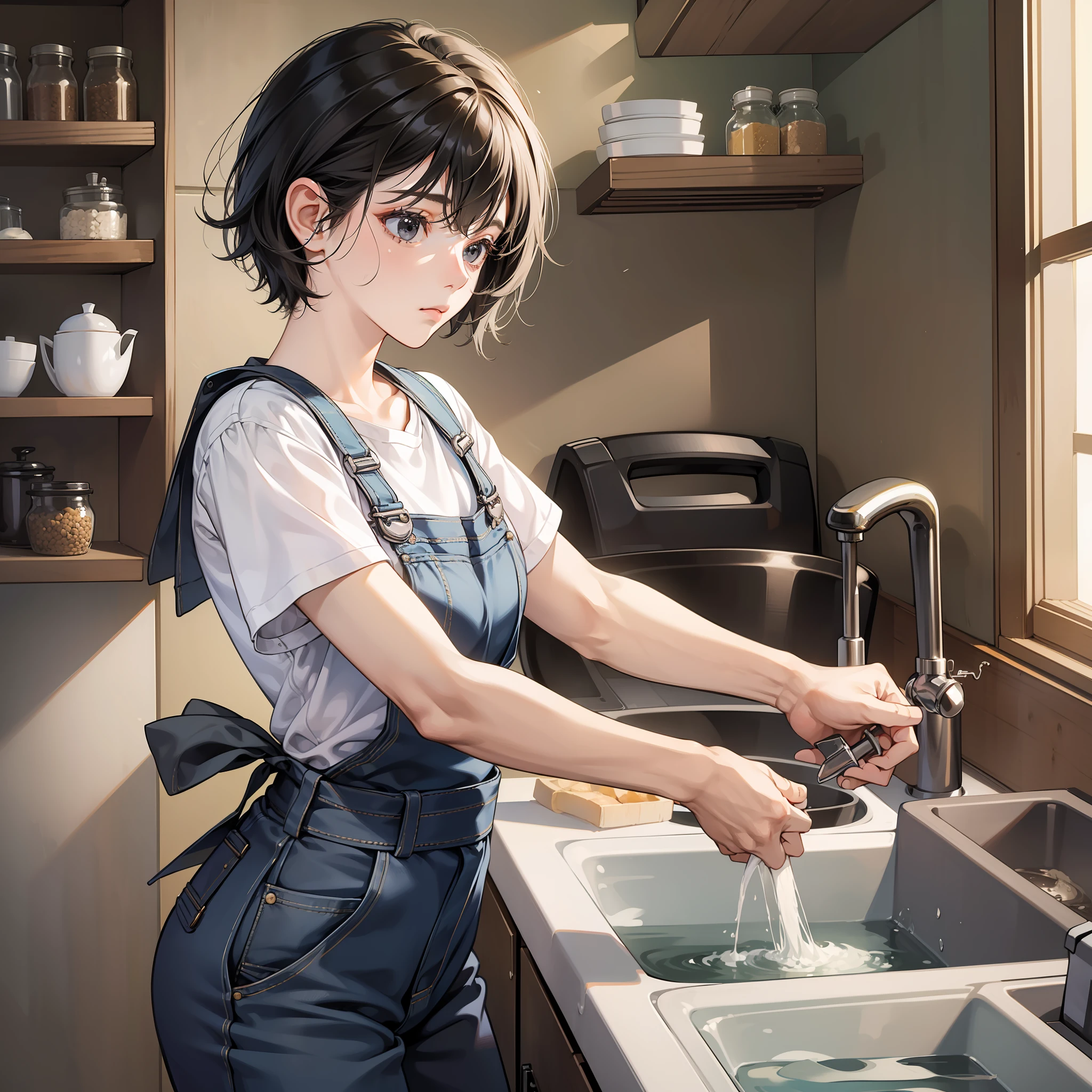 ((masterpiece)), (best quality), (detailed), (1girl), short black hair, sad expression, black eyes, overalls, washing dishes, looking busy, in the kitchen