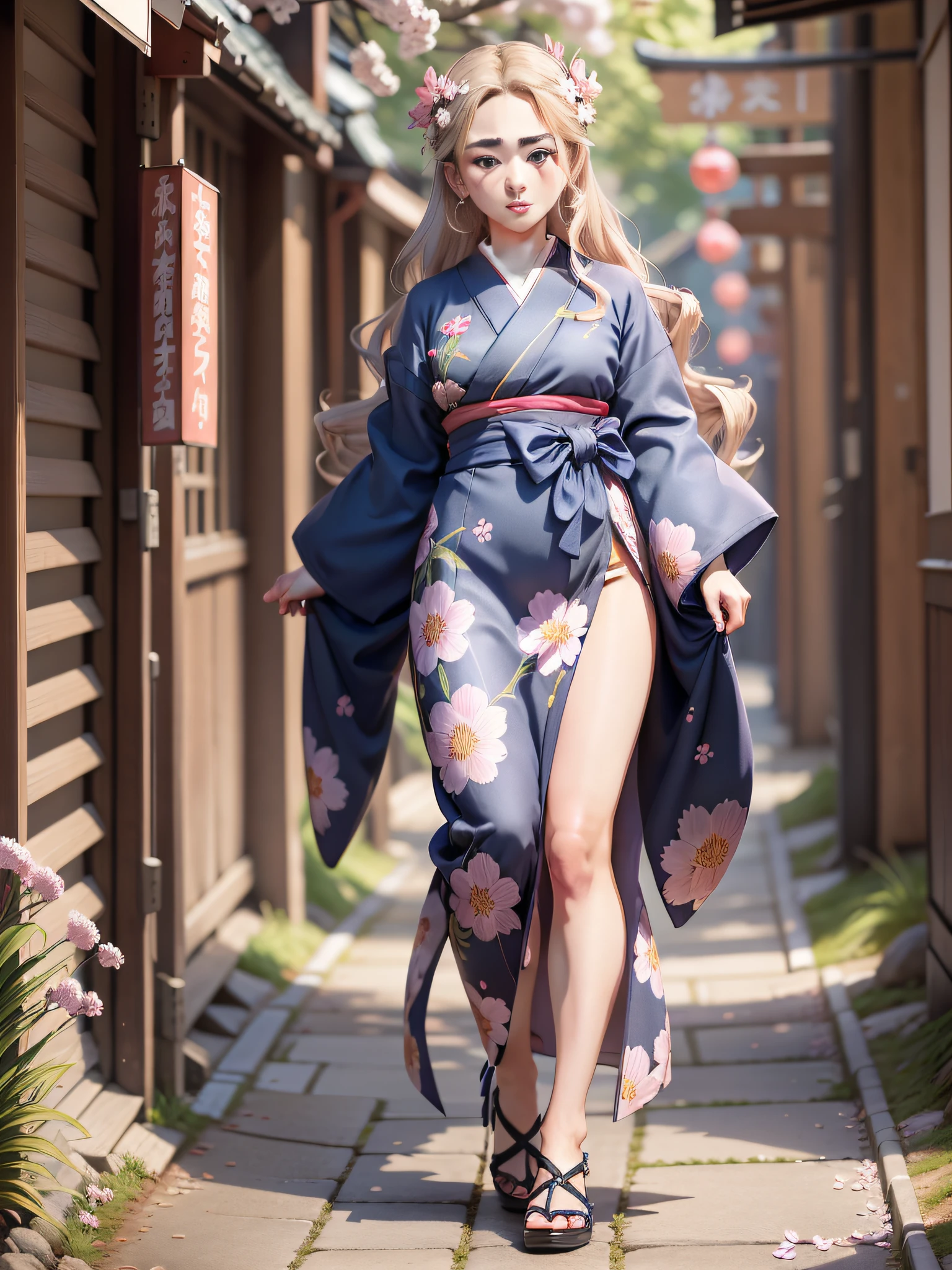 full body,full shot,sfw,beautiful russian girl in the image of a geisha with big bright blue eyes and long fluffy eyelashes Nordic type with a perfect miniature and graceful figure and very long and fluffy wavy wheat-colored hair stands full-length in the alley against a blooming Japanese pink sakura in a Japanese kimono colour NAVY BLUE and Japanese shoes gatte colour NAVY BLUE, The kimono of the girl is laced with intricate patterns of appliqué and embroidery of sakura blossoms, small breasts with bulges are translucent through the fabric, the ground on which the girl stands is studded with sakura petals, scene highly artistic, high resolution, sharp focus, Migjorni-V5 artistic style, hyperphotorealism, perfect proportions, golden ratio, flare, outline, sunlight, soft glow, soft focus, photography technique Monocle
