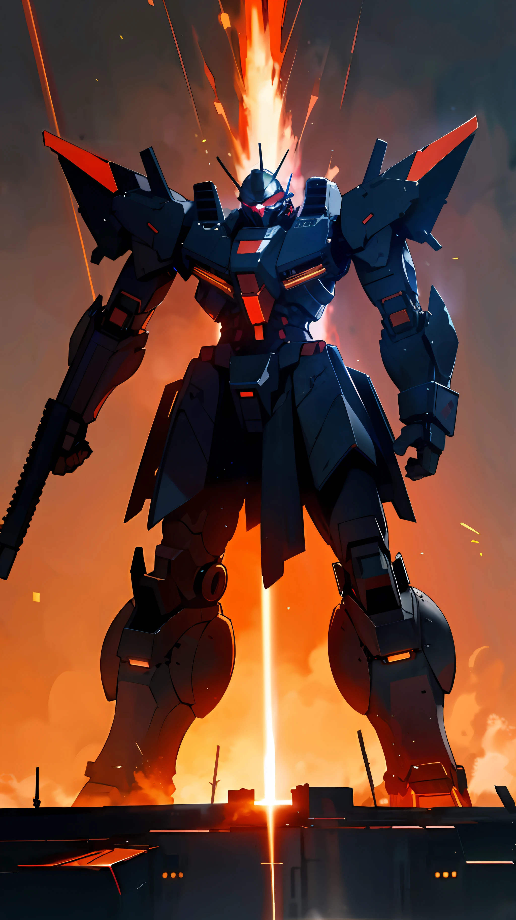 Armored core in a flaming City, Red cosmic blazing sky