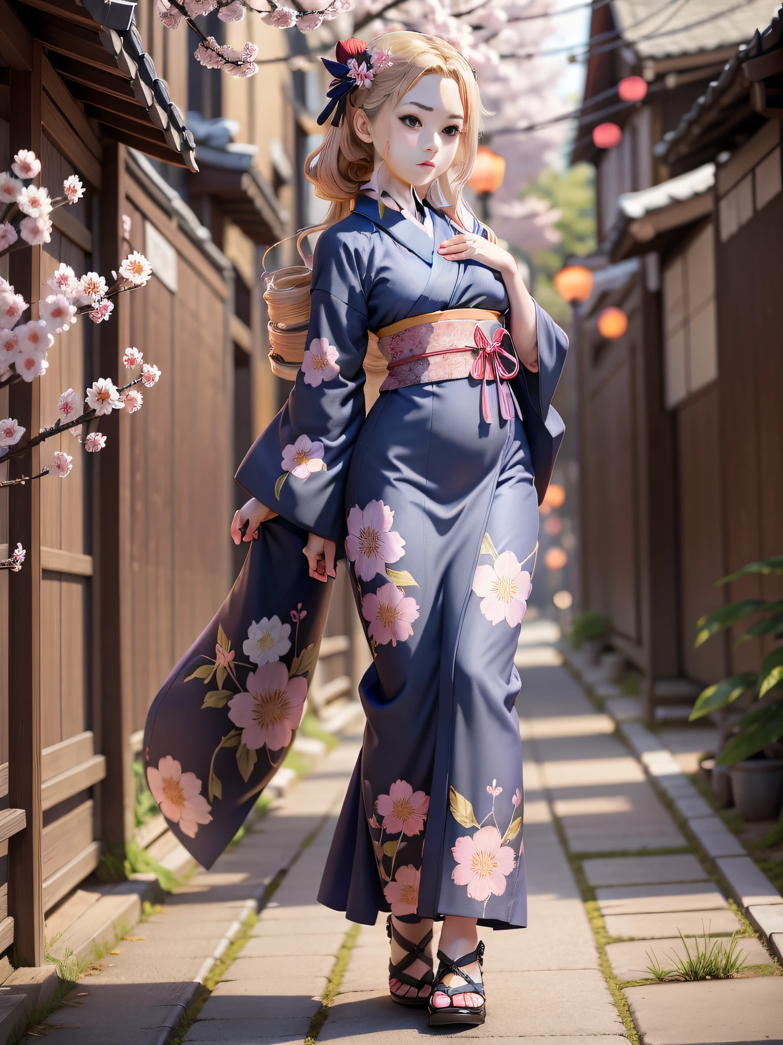 full body,full shot,sfw,beautiful russian girl in the image of a geisha with big bright blue eyes and long fluffy eyelashes Nordic type with a perfect miniature and graceful figure and very long and fluffy wavy wheat-colored hair stands full-length in the alley against a blooming Japanese pink sakura in a Japanese kimono colour NAVY BLUE and Japanese shoes gatte colour NAVY BLUE, The kimono of the girl is laced with intricate patterns of appliqué and embroidery of sakura blossoms, small breasts with bulges are translucent through the fabric, the ground on which the girl stands is studded with sakura petals, scene highly artistic, high resolution, sharp focus, Migjorni-V5 artistic style, hyperphotorealism, perfect proportions, golden ratio, flare, outline, sunlight, soft glow, soft focus, photography technique Monocle