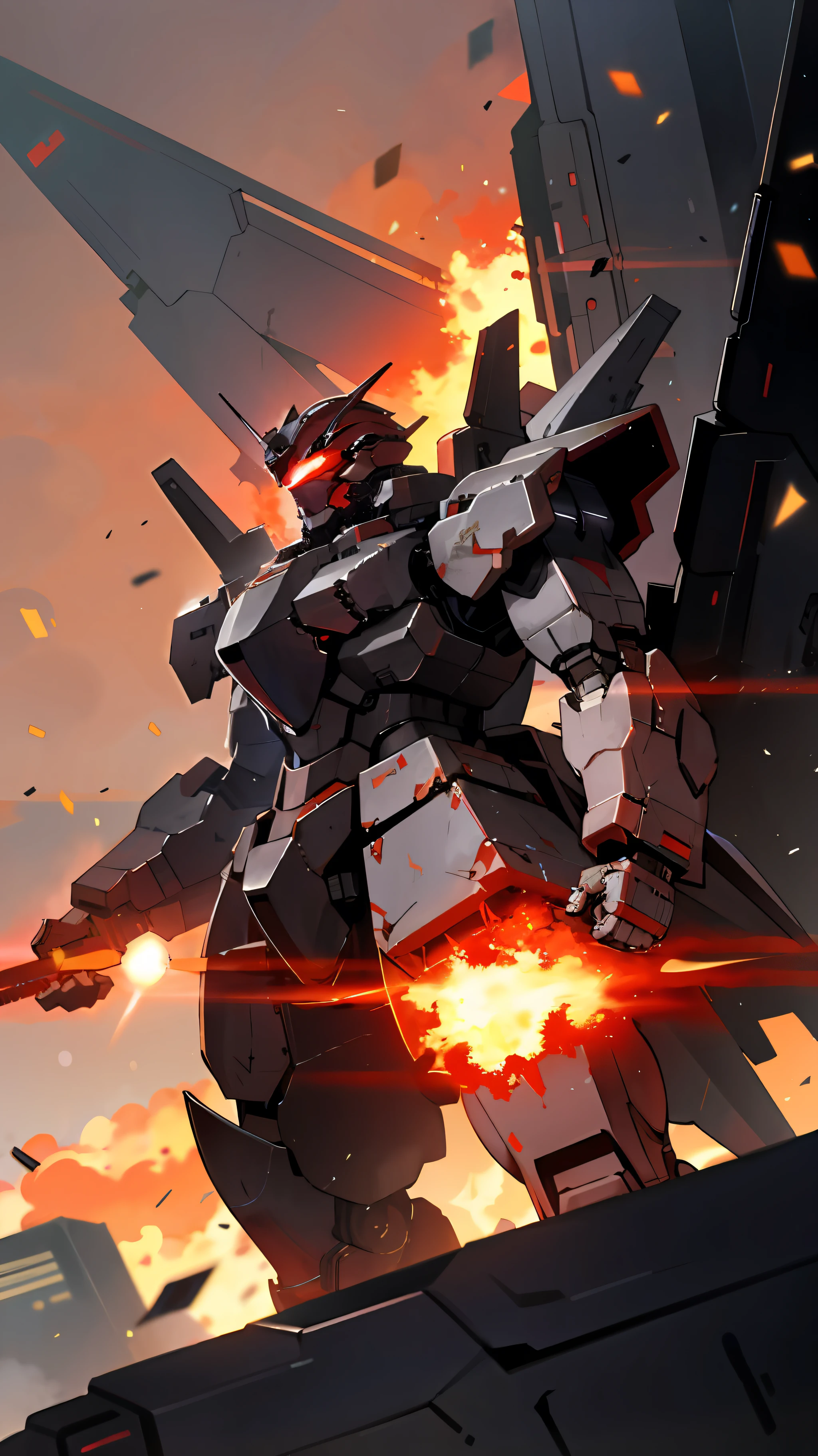 Armored core in a flaming City, Red cosmic blazing sky