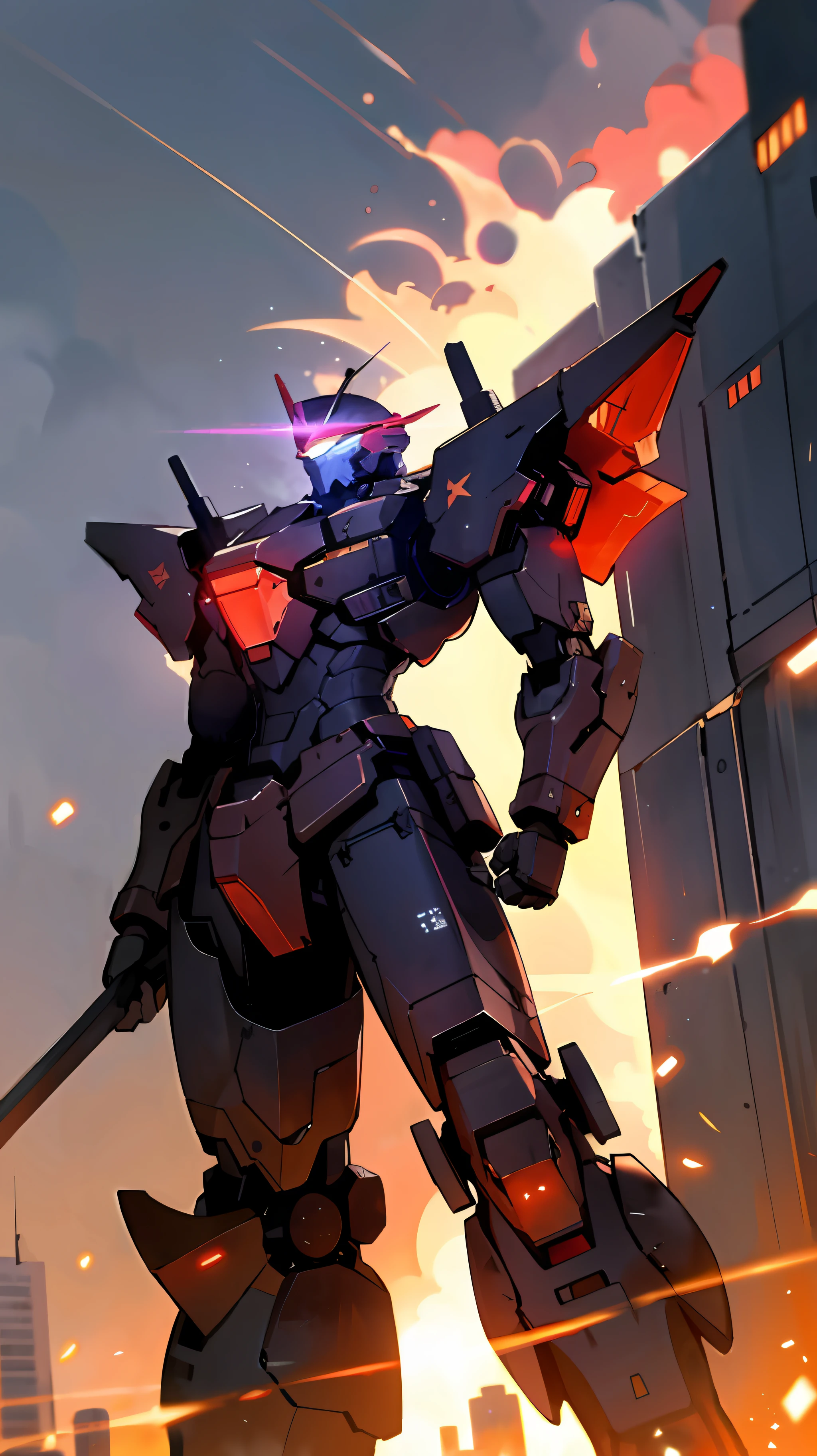 Armored core in a flaming City, Red cosmic blazing sky