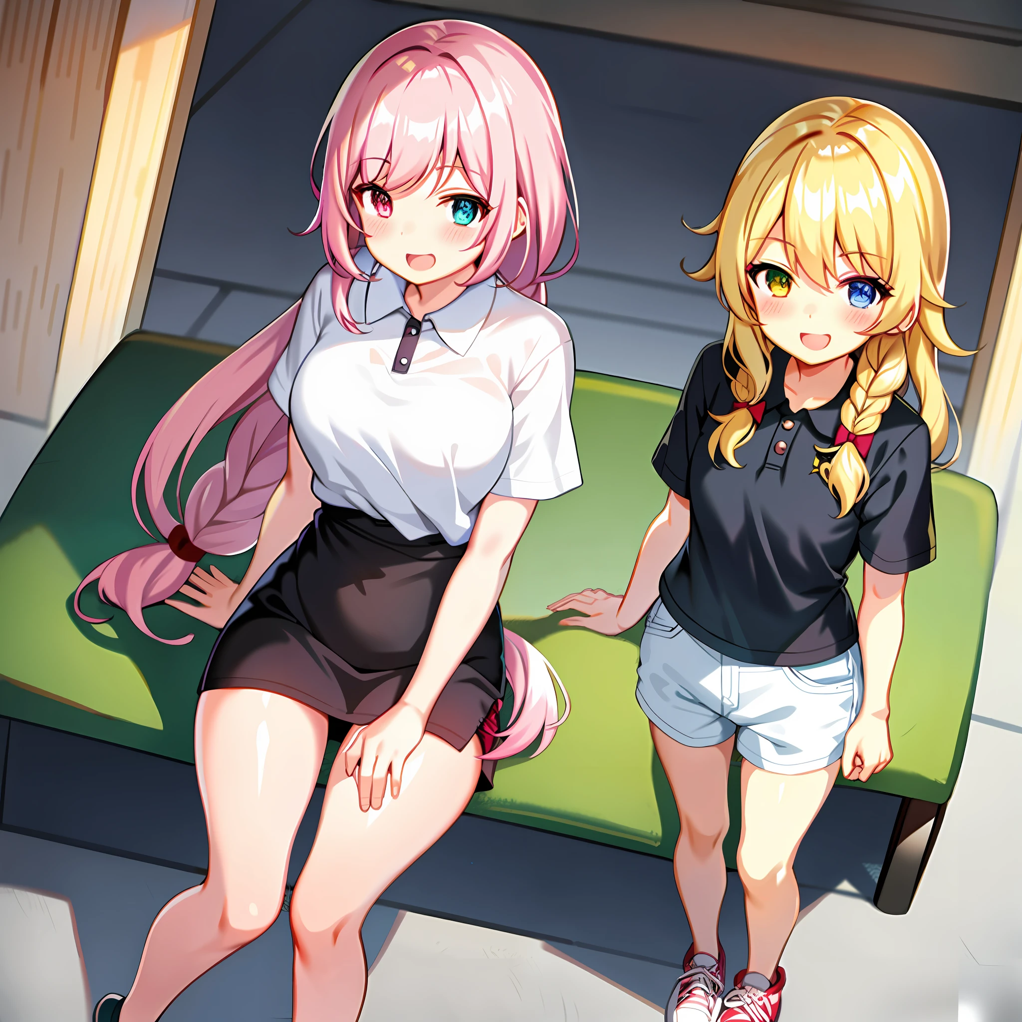 One Girl, (Heterochromia, Blue and Green Eyes: 1.8), Shining Eyes, (Illustration: 1.1), (Chibi: 0.5), (Masterpiece, Super Detail, Best Quality, 8K, Kyoto Animation Animation Illustration)), (Caregiver, 1 Cute Girl, Big, Solo, Slouch, Peace, Watch Viewer, Upper Body, Sting, Frontal, Cute Open Mouth, Happy Smile: 1.3), (Lori: 1.2), (cute: 1.5), (red short sleeve polo shirt and black tight long pants, long heat tech inner shirt: 1.5), (footwear: sneakers), (pale pink hair, braid, long hair,cute hair ornament, cute ribbon: 1.1), thin eyebrows, large wooden room, big sofa, elderly in the back