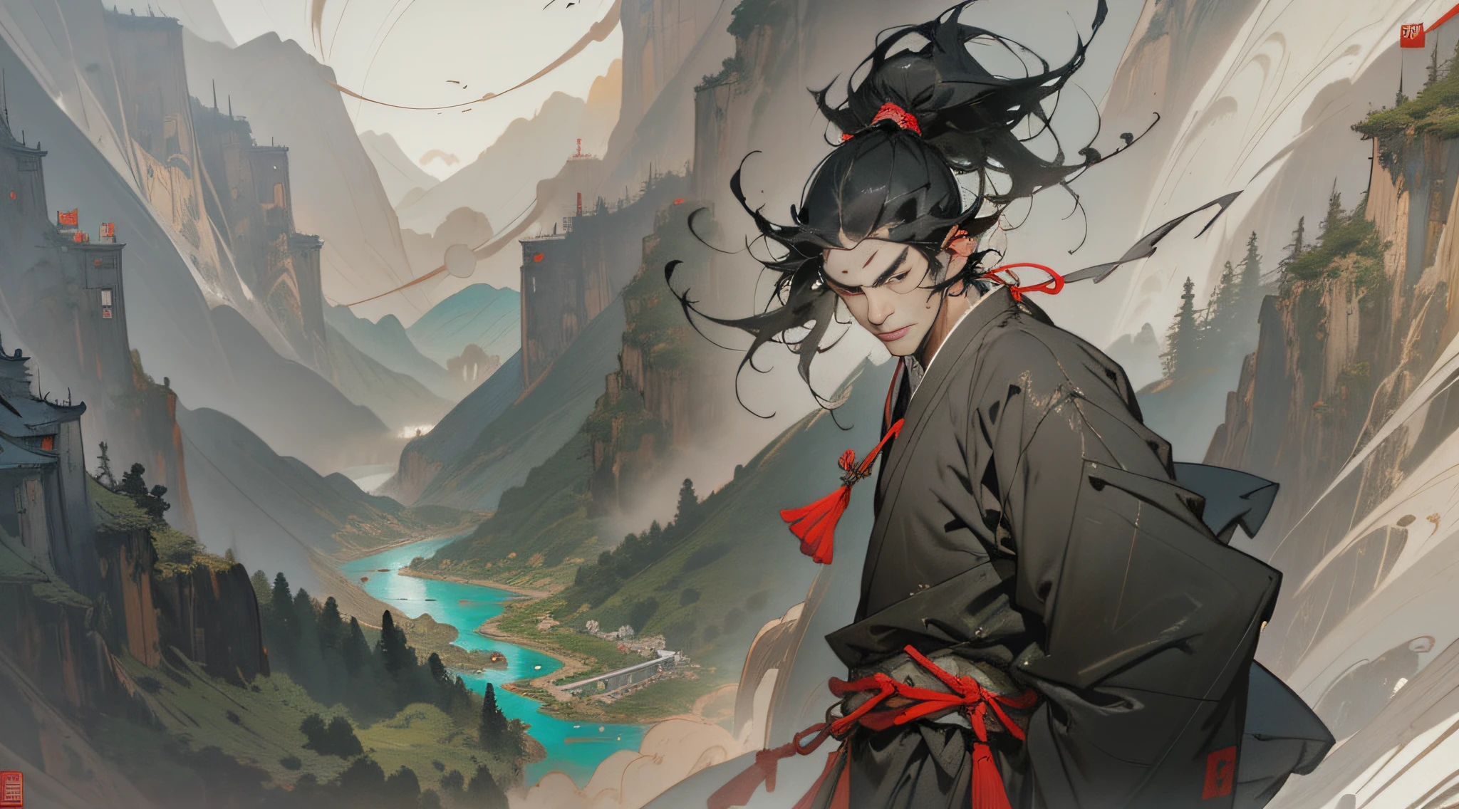 Ancient Chinese city, thick fog, flying leaves, mountains and rivers, ancient Chinese cemetery in the fog, male juvenile black hair, long hair, messy hair, headband, empty eyes, nervousness, 2D