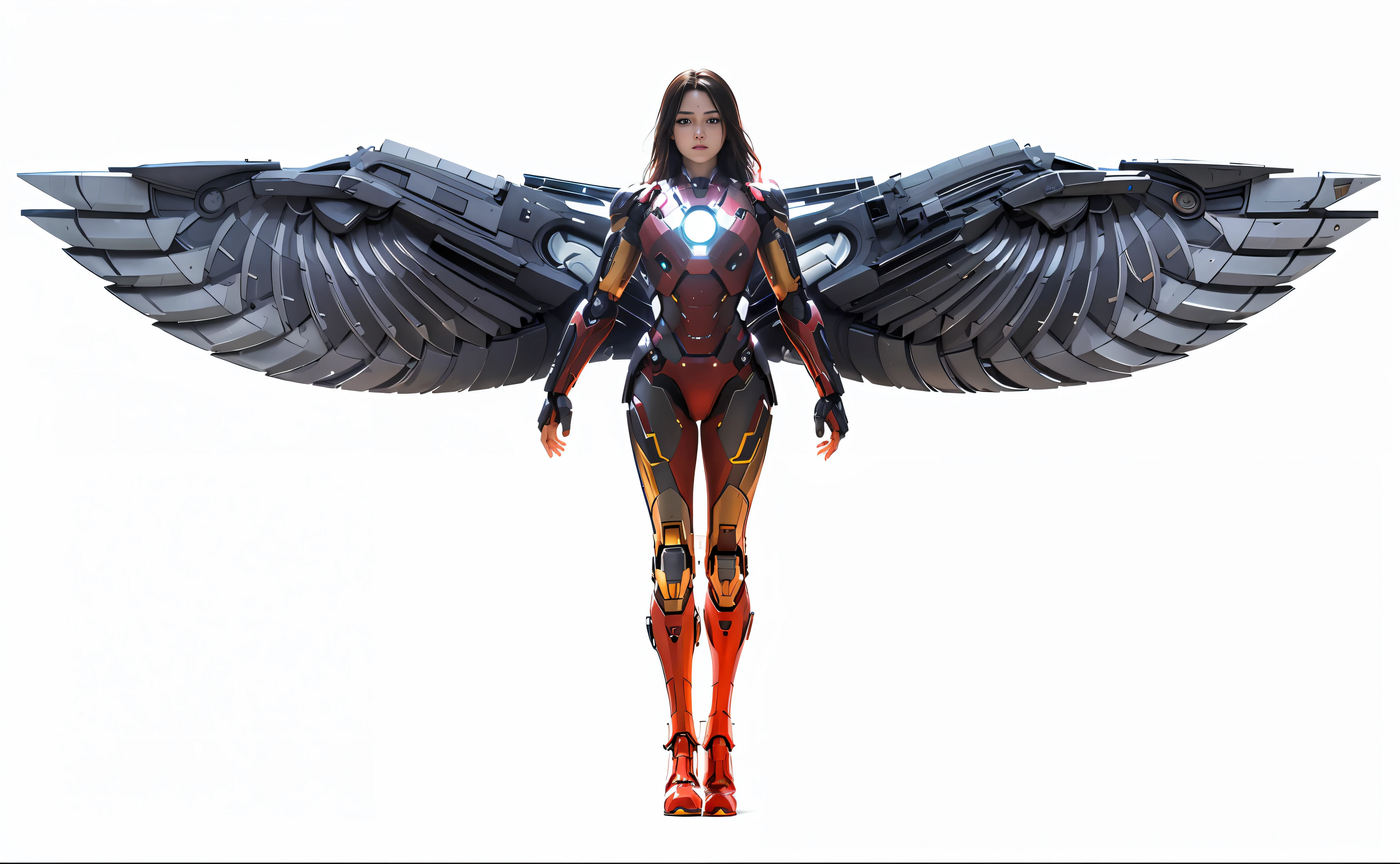 4k, realistic, carismatic, very detail, there is a girl on top sky, wearing iron man costum, she is a iron man, super hero theme, black long hair, 25 years old, full body