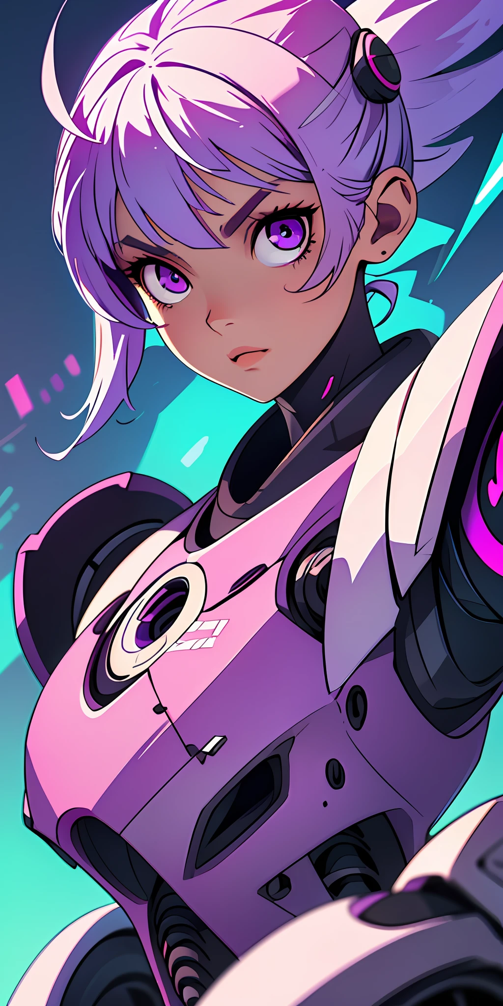 (best quality, masterpiece),Cybernetic owl, looking at the viewer, blurred background, upper body, contemporary, bright light purple eyes