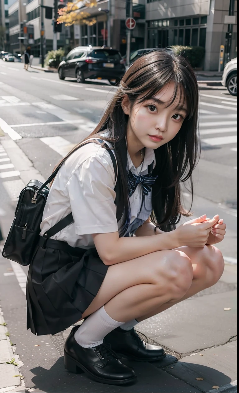 Move your center of gravity back, pretty embarrassing, no panties, thin legs, tight skirts, knees at 90 degrees, heels on the ground on, hands in front of my feet, kneeling down, sidewalk, RAW photos, 8K, highest quality, ultra-high resolution, beautiful faces detailed, real human skin, gentle expressions, Front view, angle from below, long hair, realistic, photorealistic, cute, short skirt, squatting to spread legs deep, in the city, cute school girl, Japanese schoolgirl uniform, wearing Japanese school uniform, surreal high school girl, whole body,