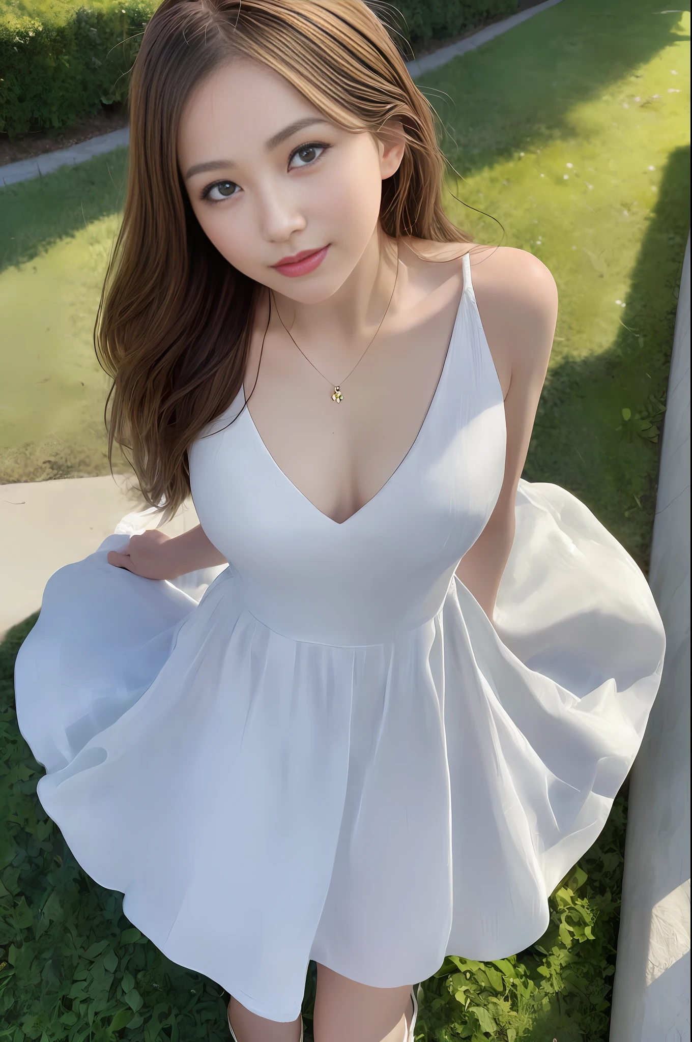 RAW, (Intricate Details: 1.3), (Best Quality: 1.3), (Masterpiece: 1.3), (Realistic:1.4), (Masterpiece, Best Quality, Ultra Detailed), [Reflection], Ultra Realistic,
(Best Lighting, Best Shadows, Extremely Delicate and Beautiful), shot by Canon EOS, SIGMA Art Lens 35mm F1.4, ISO 200 shutter speed 2000, vivid picture, 1 girl, super detailed,
Ultra-high resolution, very detailed physically based rendering, dynamic angles, dynamic poses, wind, 8K UHD, vivid graphics, high definition, high-quality textures, complex details,
Accent lighting, (Backlight:1.3), Professional lighting, Face lighting, Film lighting, Bokeh,
(Best Quality True Texture Skin: 1.4), Fine Fine Eyes, Fine Fine Face, Fine Eyes,
Fine texture, fine detail, high detail, extremely detailed CG, high quality shadows, realistic facial expression, (high detail skin, skin detail), slender waist, beautiful realistic and detailed hands and fingers: 1, optimal ratio of four fingers and one thumb, (detailed face, detailed eyes, beautiful face), belly fat: 0.1, looking at the audience,
1girl, 19yo, (sparkling eyes: 1.3), (sparkling lips: 1.3), (necklace), (looking at the audience), (small breasts), (dresses and pleated skirts), (from below), (open legs: 0.7), (tired sleepy and smiling: 1.2),
Outdoor, (in the middle of a rose garden), (long shot, full body shot, rule of thirds)
