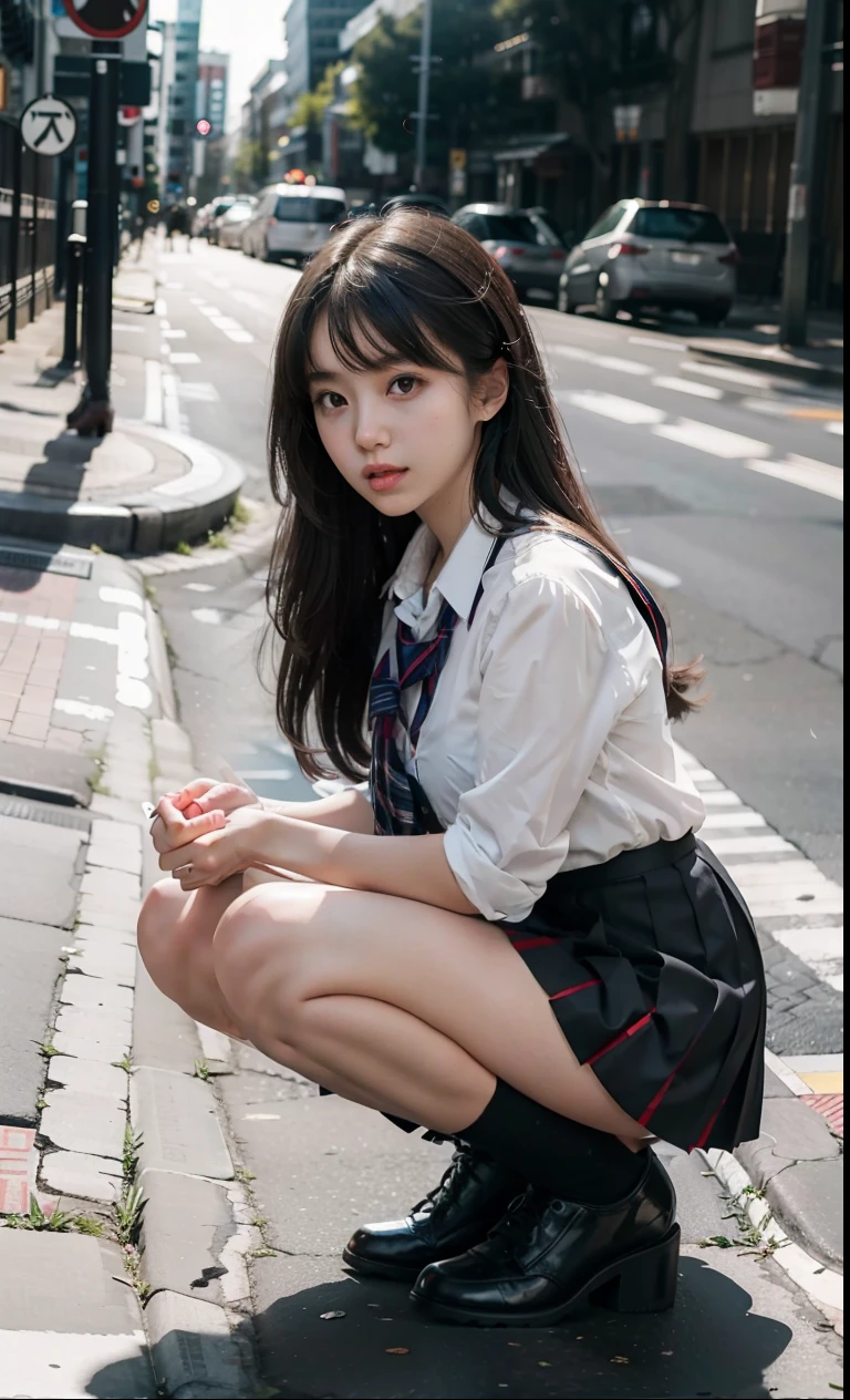 Move your center of gravity back, pretty embarrassing, no panties, thin legs, tight skirts, knees at 90 degrees, heels on the ground on, hands in front of my feet, kneeling down, sidewalk, RAW photos, 8K, highest quality, ultra-high resolution, beautiful faces detailed, real human skin, gentle expressions, Front view, angle from below, long hair, realistic, photorealistic, cute, short skirt, squatting to spread legs deep, in the city, cute school girl, Japanese schoolgirl uniform, wearing Japanese school uniform, surreal high school girl, whole body,