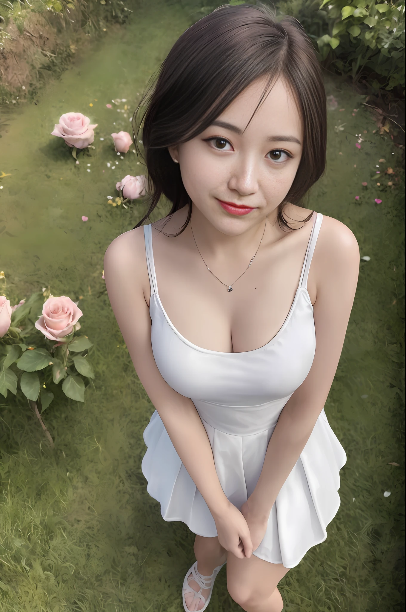 RAW, (Intricate Details: 1.3), (Best Quality: 1.3), (Masterpiece: 1.3), (Realistic:1.4), (Masterpiece, Best Quality, Ultra Detailed), [Reflection], Ultra Realistic,
(Best Lighting, Best Shadows, Extremely Delicate and Beautiful), shot by Canon EOS, SIGMA Art Lens 35mm F1.4, ISO 200 shutter speed 2000, vivid picture, 1 girl, super detailed,
Ultra-high resolution, very detailed physically based rendering, dynamic angles, dynamic poses, wind, 8K UHD, vivid graphics, high definition, high-quality textures, complex details,
Accent lighting, (Backlight:1.3), Professional lighting, Face lighting, Film lighting, Bokeh,
(Best Quality True Texture Skin: 1.4), Fine Fine Eyes, Fine Fine Face, Fine Eyes,
Fine texture, fine detail, high detail, extremely detailed CG, high quality shadows, realistic facial expression, (high detail skin, skin detail), slender waist, beautiful realistic and detailed hands and fingers: 1, optimal ratio of four fingers and one thumb, (detailed face, detailed eyes, beautiful face), belly fat: 0.1, looking at the audience,
1girl, 19yo, (sparkling eyes: 1.3), (sparkling lips: 1.3), (necklace), (looking at the audience), (small breasts), (dresses and pleated skirts), (from below), (open legs: 0.7), (tired sleepy and smiling: 1.2),
Outdoor, (in the middle of a rose garden), (long shot, full body shot, rule of thirds)