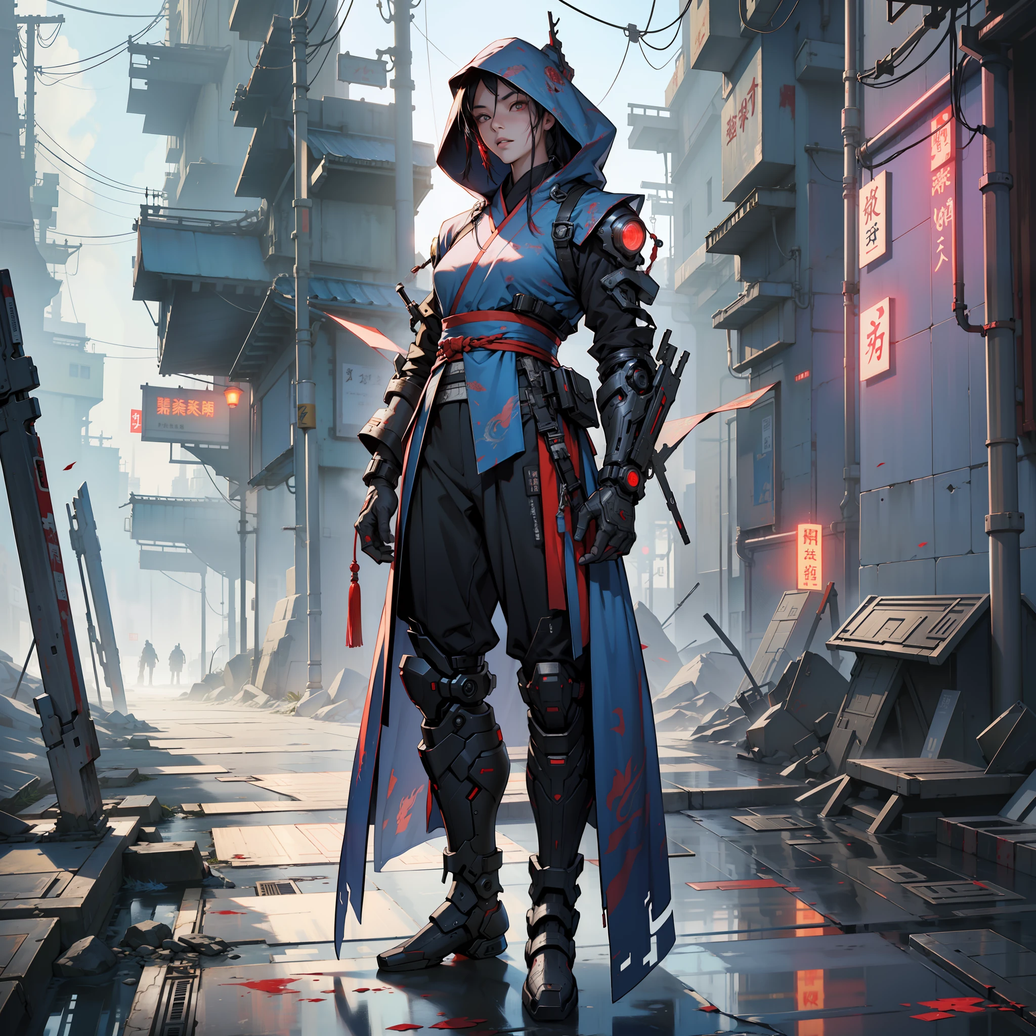 An ancient Chinese girl, hooded head, full body, amazing facial features, blood stains, mechanical eyes, cyberpunk, holographic aura, surreal sci-fi art, futuristic sci-fi aesthetics, hanfu (tattered), mecha, complex design, game model, movie edge light, delicate light, masterpiece, ultra-detailed, epic composition, super high-definition, high quality, highest quality, 32k --niji 5