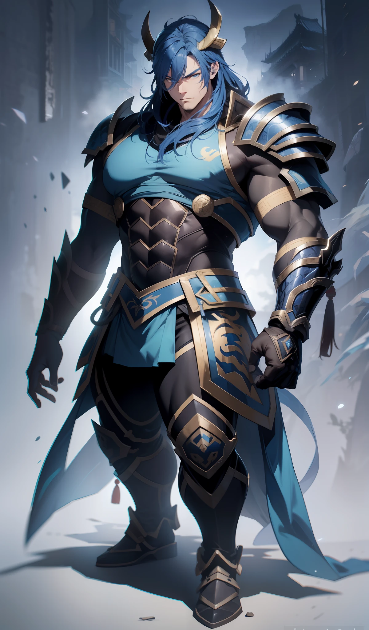 Left Light, Top Side Light, Contour Light, Game Icon, A Man, Costume, Ancient China, China, Leather Armor, More Details, 4K, Two-dimensional, Light and Shadow Dichotomy, Freshness, Volume, Full Body, Blue Clothes, Front, Simple Background, Masculine, Tough, Heavy, Beast Head, Gluttony Pattern, Short Armor,