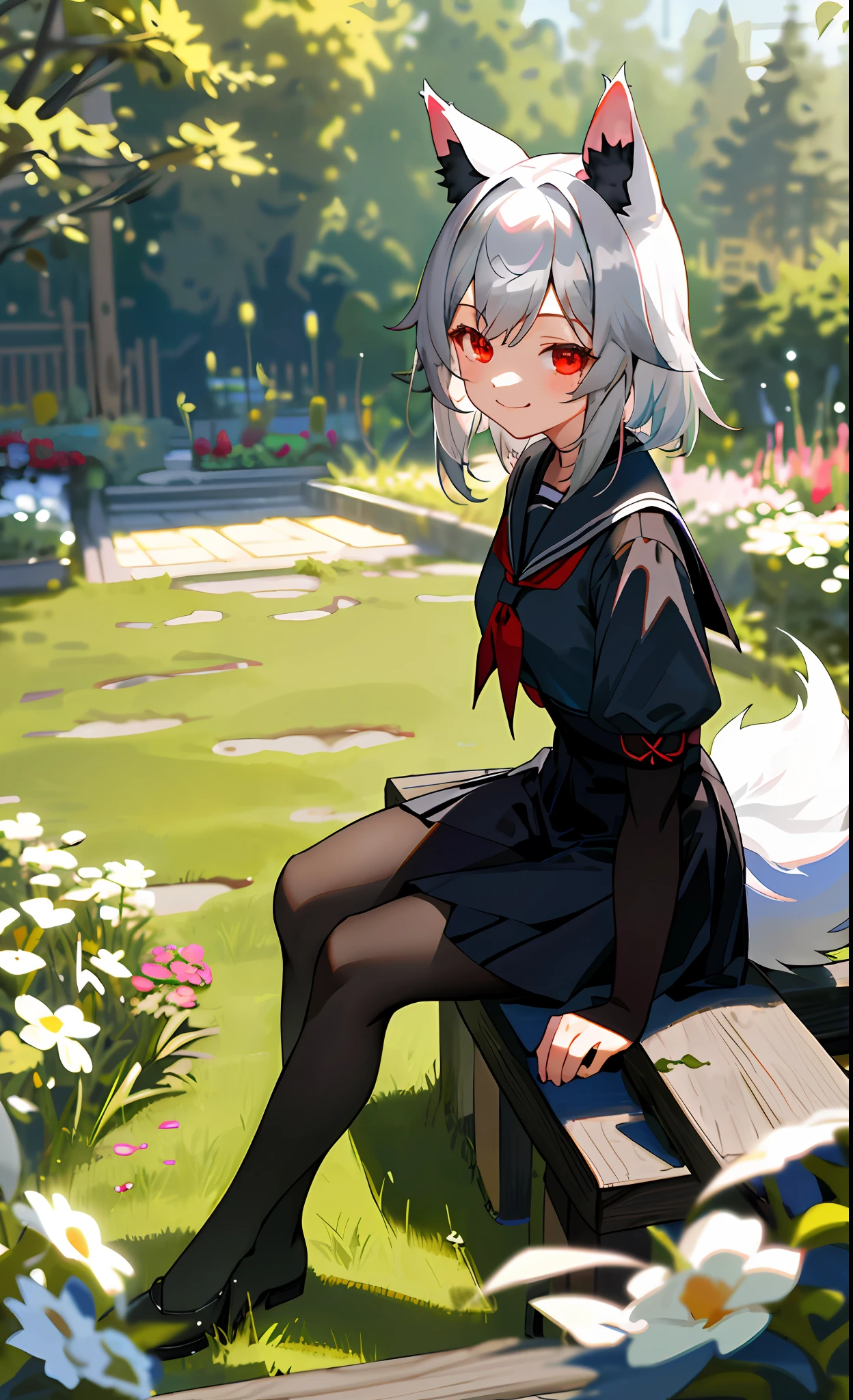 Masterpiece,1 Girl,Solo,Shira School,Seated,Big,Light Smile, Outdoor,Garden,Spring,black_pantyhose,Masterpiece, Best Quality, SFW, Cute Wolf Girl, Girl, Silver Hair, Big, Red Eyes, Wolf Ears, Wolf Tail,