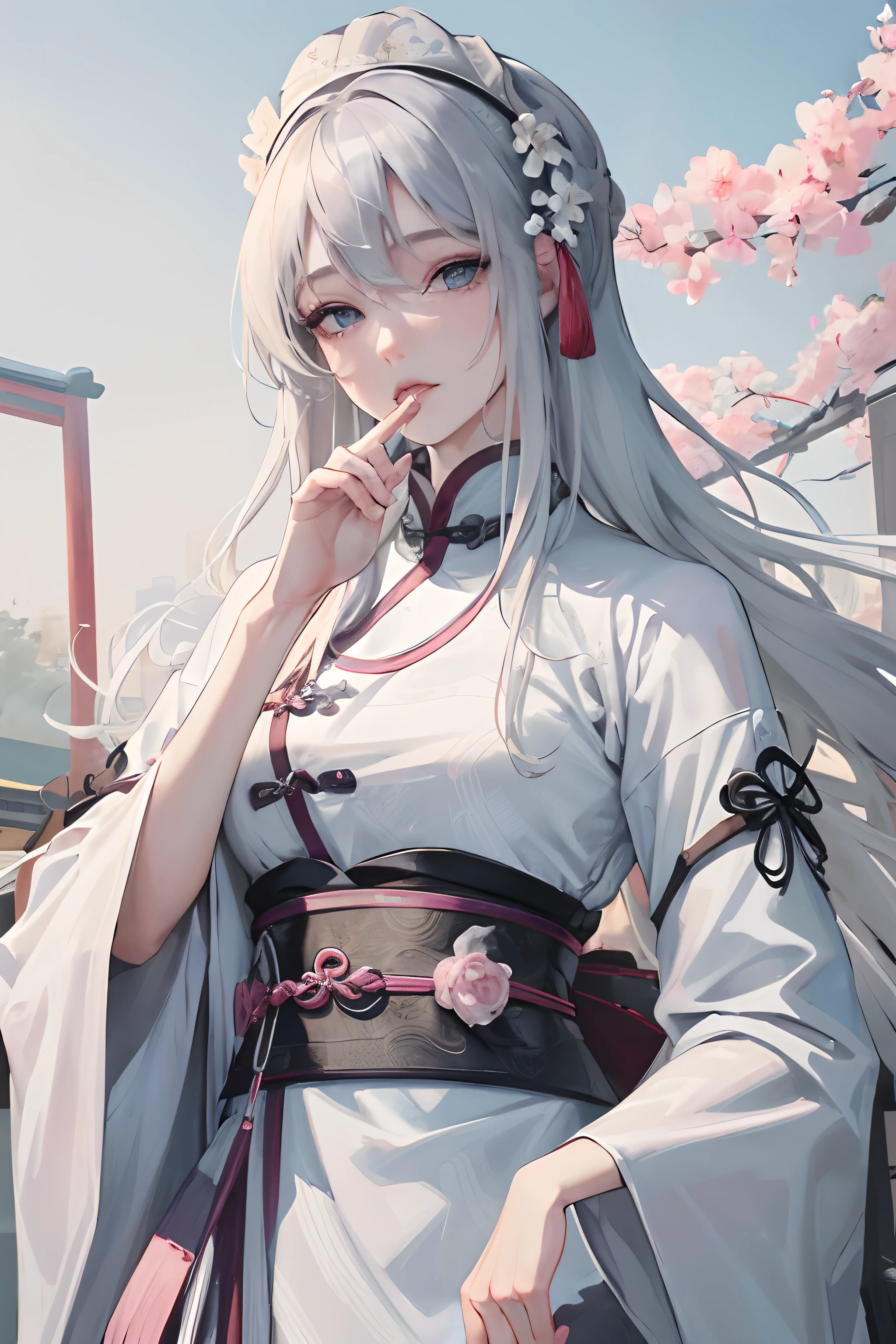Masterpiece, Best Quality, Day, Outdoor, Festivals, Celebrating, 1 Girl, Mature Woman, Chinese Style, Ancient China, Sister, Royal Sister, Cold expression, expressionless face, Silver white long haired woman, Grey blue eyes, long hair, light pink lips, white clothing, calm, intellectual, three belts, play, eat