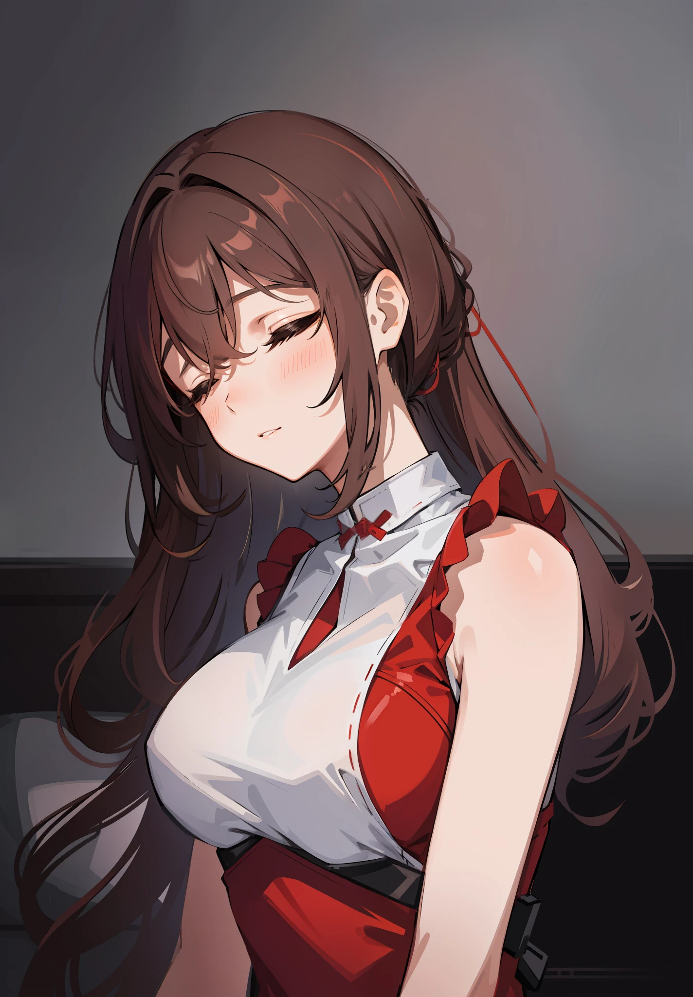 ((Sleeping Girl)), 22 years old, realistic, she is wearing pajamas, red erotic lingerie, brown hair, very satisfied expression, (shy expression) (open small mouth)