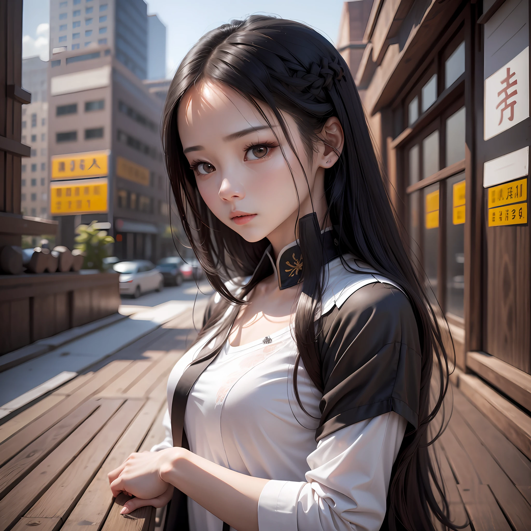 Realistic, high resolution, 1 girl, long black hair ,high cold, China, loose white shirt, sky with confused eyes, avatar photo --auto --s2