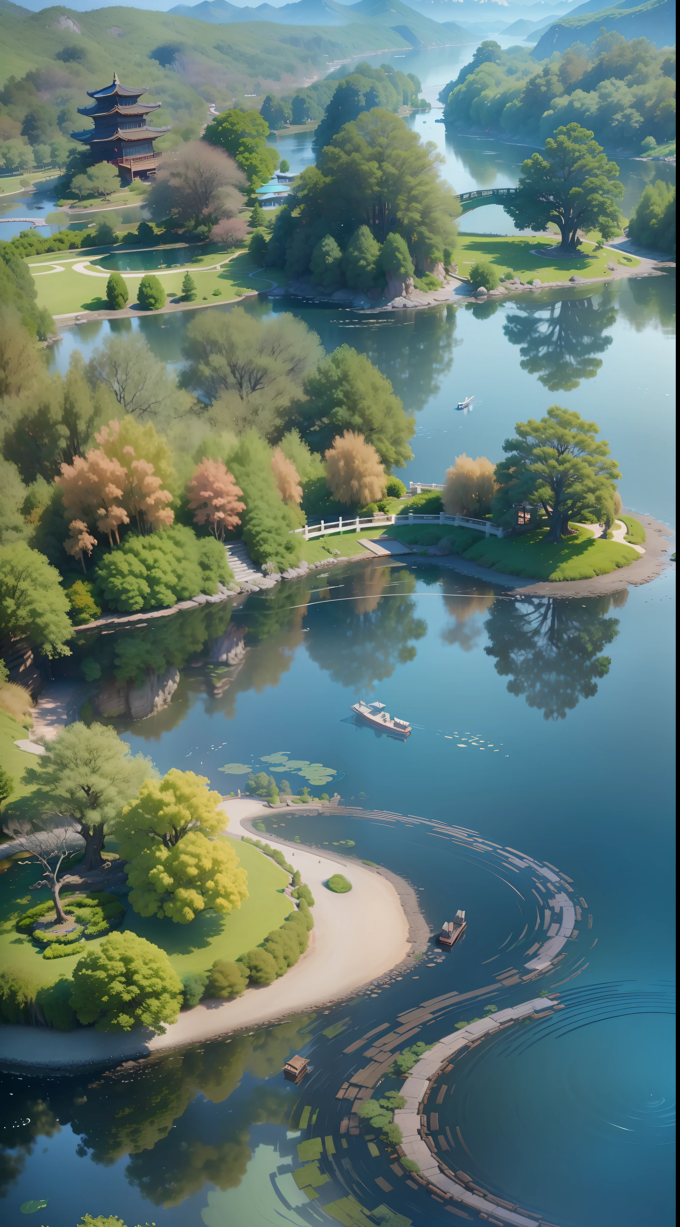 An incredibly detailed and photorealistic CG unity 8K wallpaper, the beauty of a classical Chinese garden, (The stunning landscape features a serene lake and river surrounded by lush vegetation and majestic trees, natural light, blue sky, fluffy clouds, waterfall), Bokeh, Depth of Field, HDR, Bloom, Chromatic Aberration, and Intricate detail,