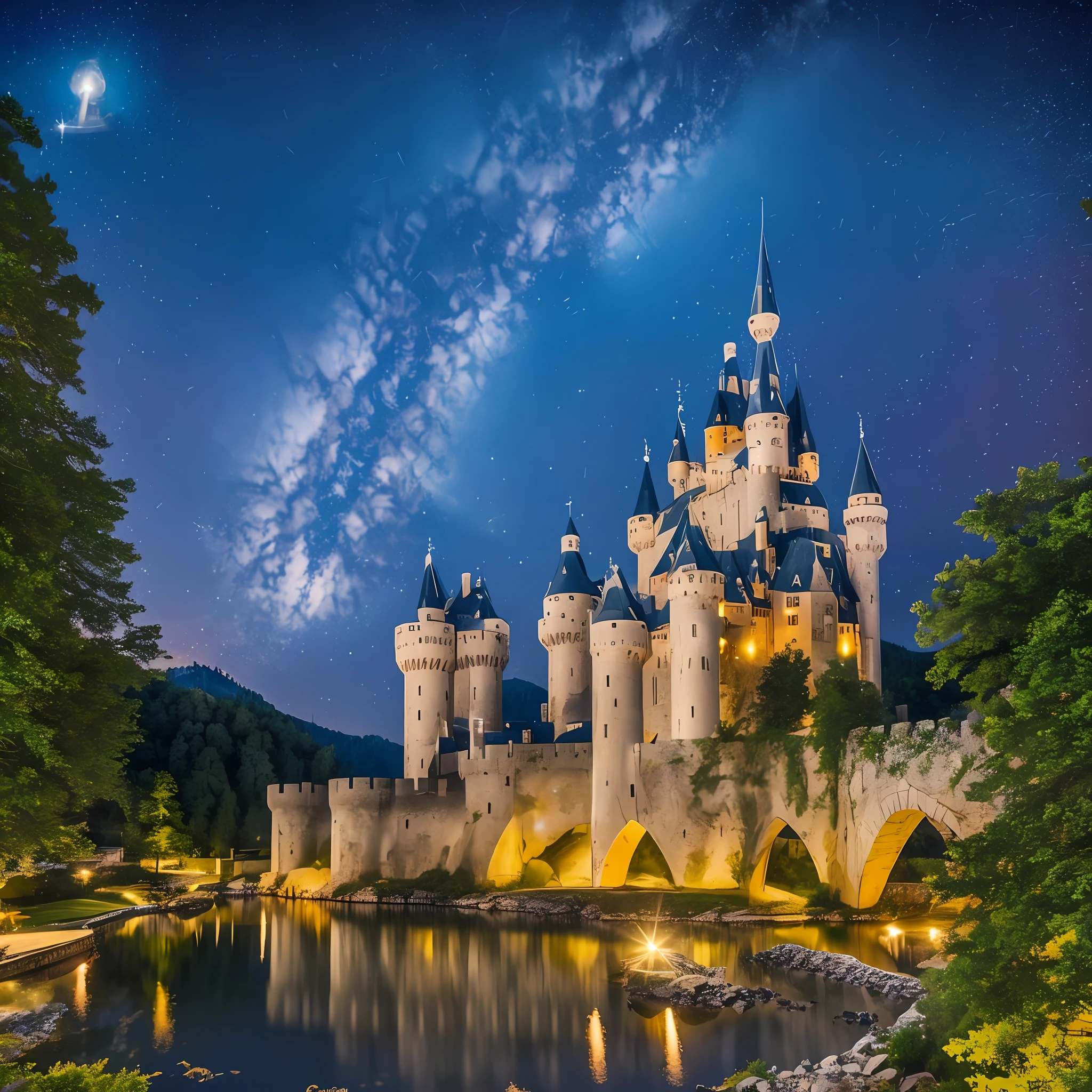 Floating medieval castle, mountains, forest, and water gueda around. Flying over a city, starry night sky