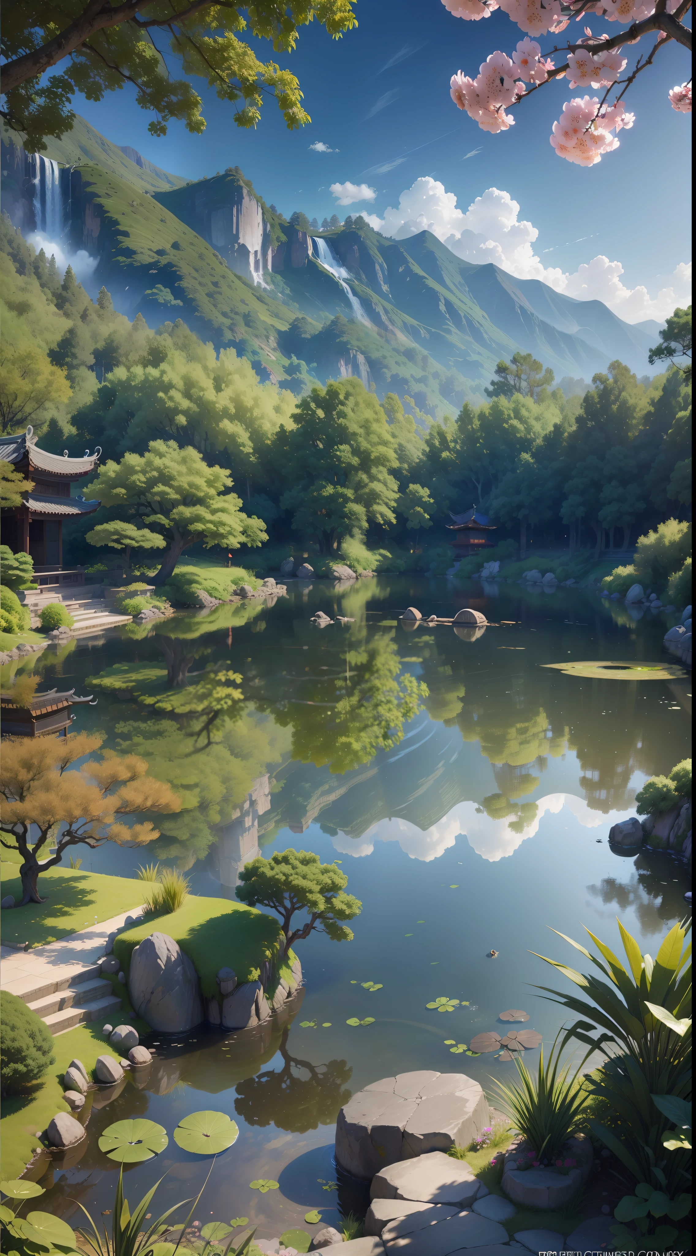An incredibly detailed and photorealistic CG unity 8K wallpaper, the beauty of a classical Chinese garden, (The stunning landscape features a serene lake and river surrounded by lush vegetation and majestic trees, natural light, blue sky, fluffy clouds, waterfall), Bokeh, Depth of Field, HDR, Bloom, Chromatic Aberration, and Intricate detail,