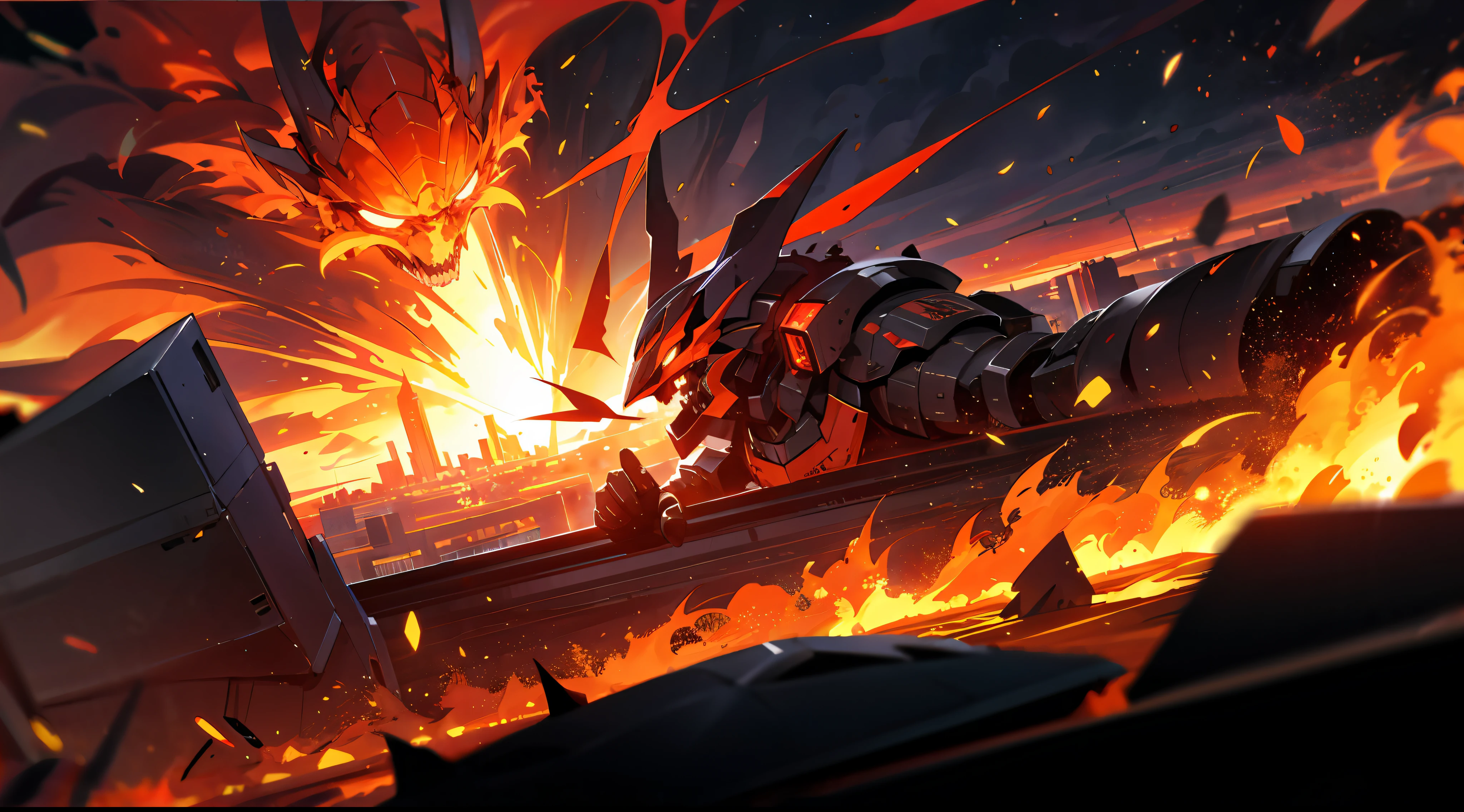 A war of armored Cores in a flaming city, red cosmic sky on fire