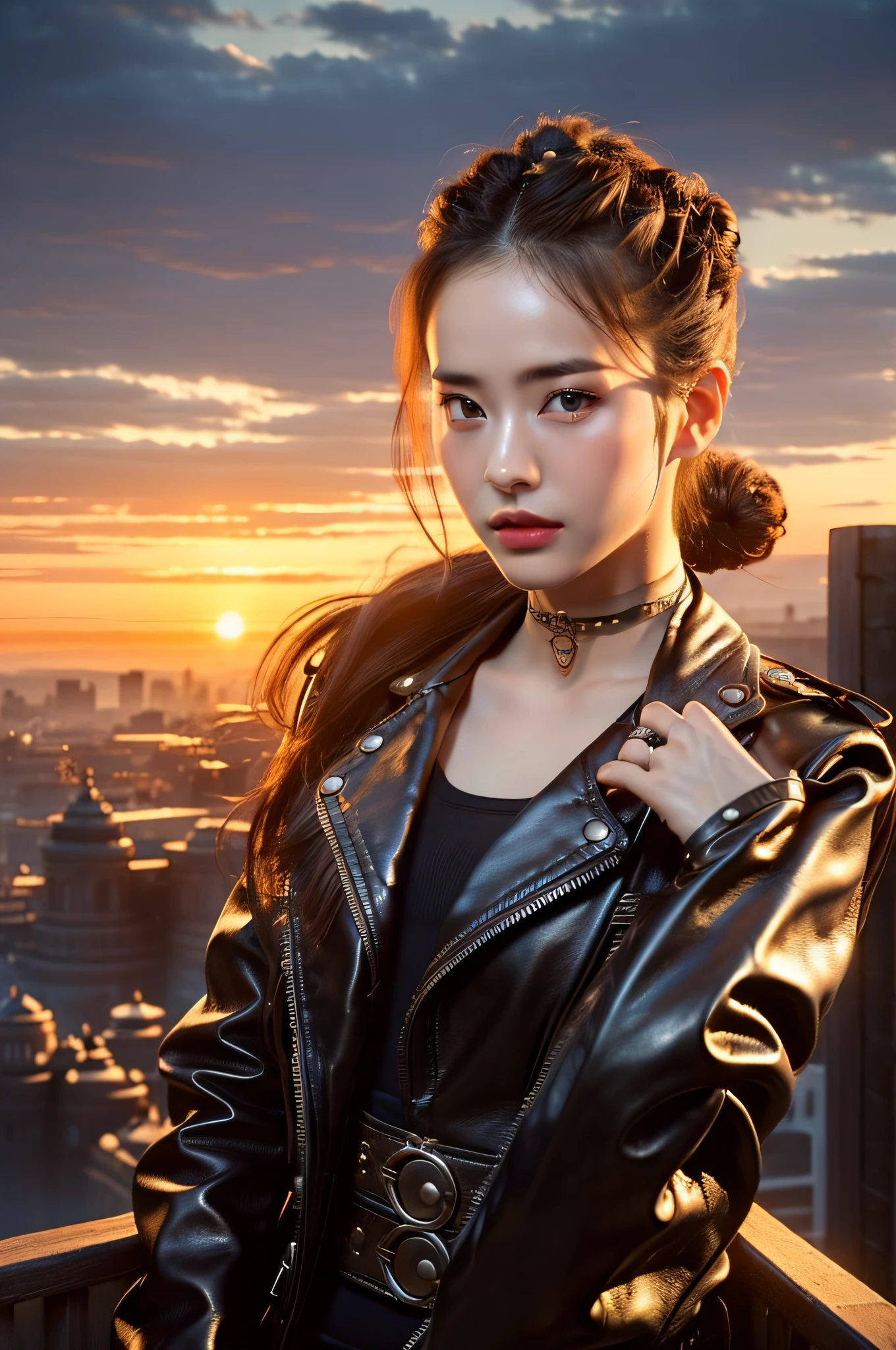 (a detailed portrait RAW photo of a gorgeous beautiful ((Finnish)) , realistic, solo, front view,POV,looking in camera, flirting with the camera, (masterpiece),(photorealistic:1.3), nfsw, ultra-detailed, (high detailed skin:1.2),(best quality:1.0), (ultra highres:1.0),(by samdoesart, by Antonio J. Manzanedo), fit, back light, GOLDEN HOUR, petite, choker, slim, choker, beautiful, Wearing a stylish leather jacket with intricate gears and goggles,
Hair styled in a voluminous updo with gears and cogs as accessories,
Accessorized with leather gloves and a utility belt with various gadgets,
Posing with one foot on the edge of an airship, looking off into the distance,
Captured from an above view angle,
The scene set in a steampunk-inspired sky filled with floating islands and mechanical contraptions.