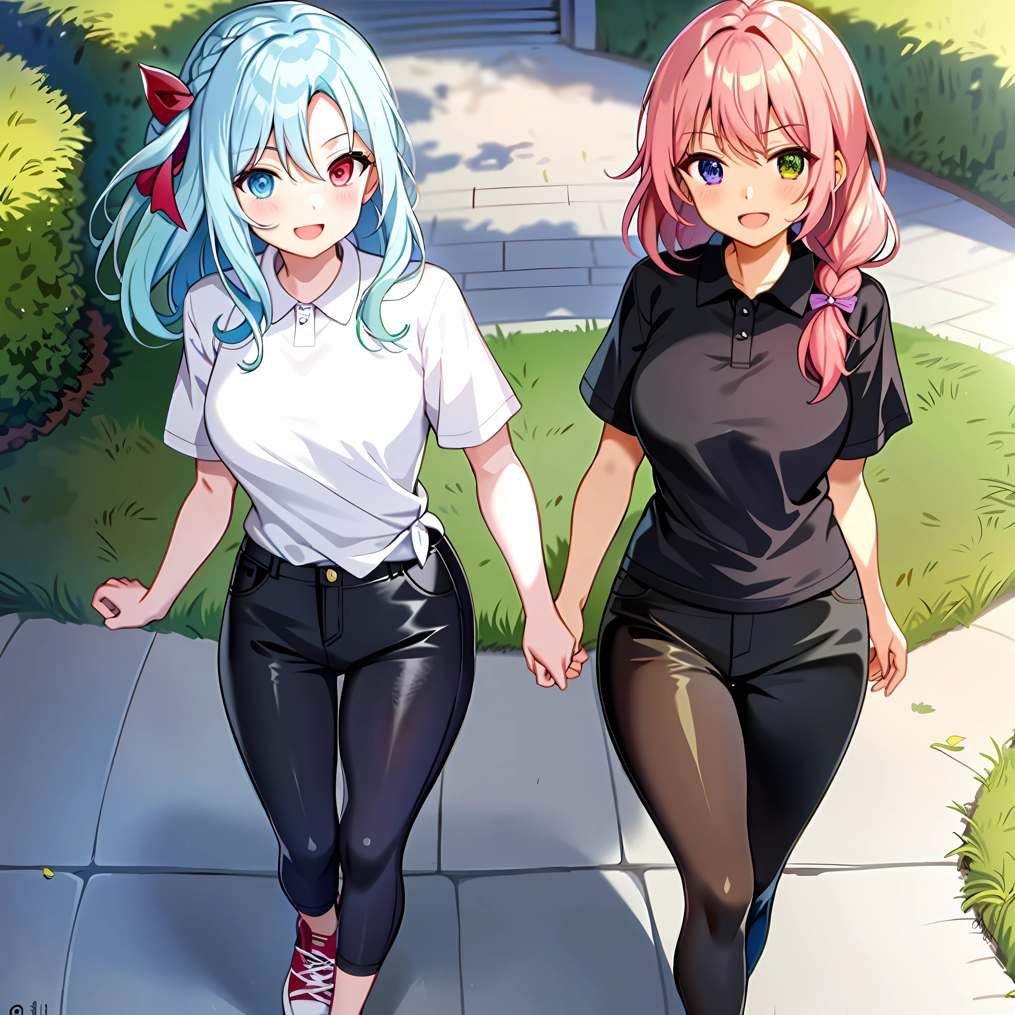 One Girl, (Heterochromia, Blue and Green Eyes: 1.8), Shining Eyes, (Illustration: 1.1), (Chibi: 0.5), (Masterpiece, Super Detail, Best Quality, 8K, Kyoto Animation Animation Illustration)), (Caregiver, 1 Cute Girl, Big, Solo, Slouch, Peace, Watch Viewer, Upper Body, Sting, Frontal, Cute Open Mouth, Happy Smile: 1.3), (Lori: 1.2), (cute: 1.5), (red short sleeve polo shirt and black tight long pants, long heat tech inner shirt: 1.5), (footwear: sneakers), (pale pink hair, braid, long hair,cute hair ornament, cute ribbon: 1.1), thin eyebrows, large wooden room, big sofa, elderly in the back