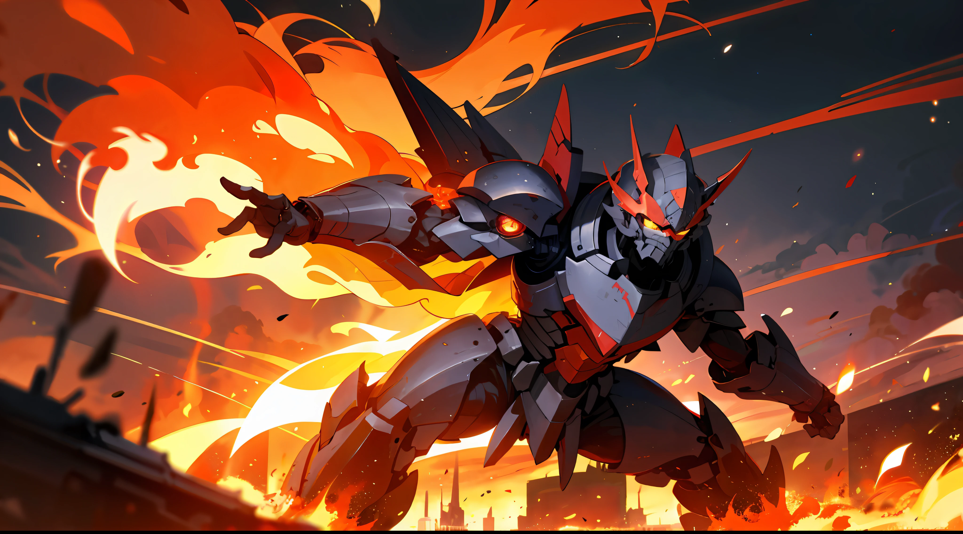 A war of armored Cores in a flaming city, red cosmic sky on fire
