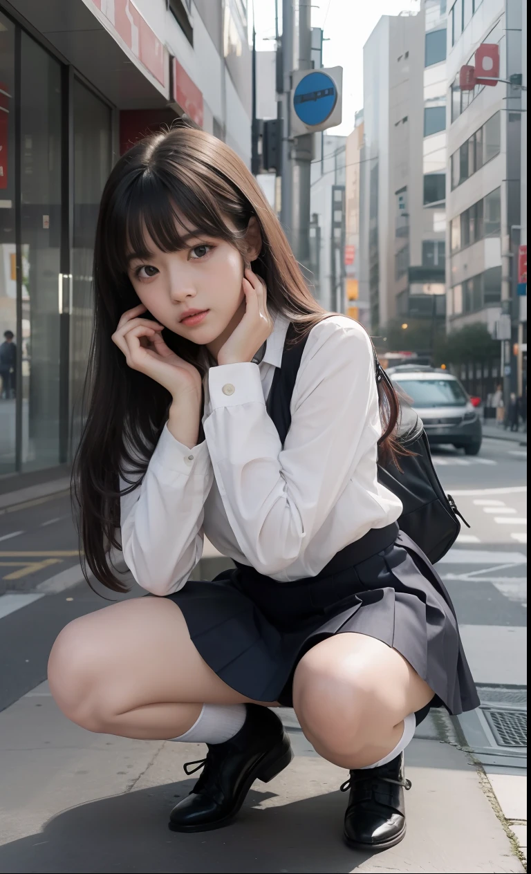 angle from below, Move your center of gravity back, pretty embarrassing, no panties, thin legs, tight skirts, knees at 90 degrees, heels on the ground on, hands in front of my feet, kneeling down, sidewalk, RAW photos, 8K, highest quality, ultra-high resolution, beautiful faces detailed, real human skin, gentle expressions, Front view, long hair, realistic, photorealistic, cute, short skirt, squatting to spread legs deep, in the city, cute school girl, Japanese schoolgirl uniform, wearing Japanese school uniform, surreal high school girl, whole body,