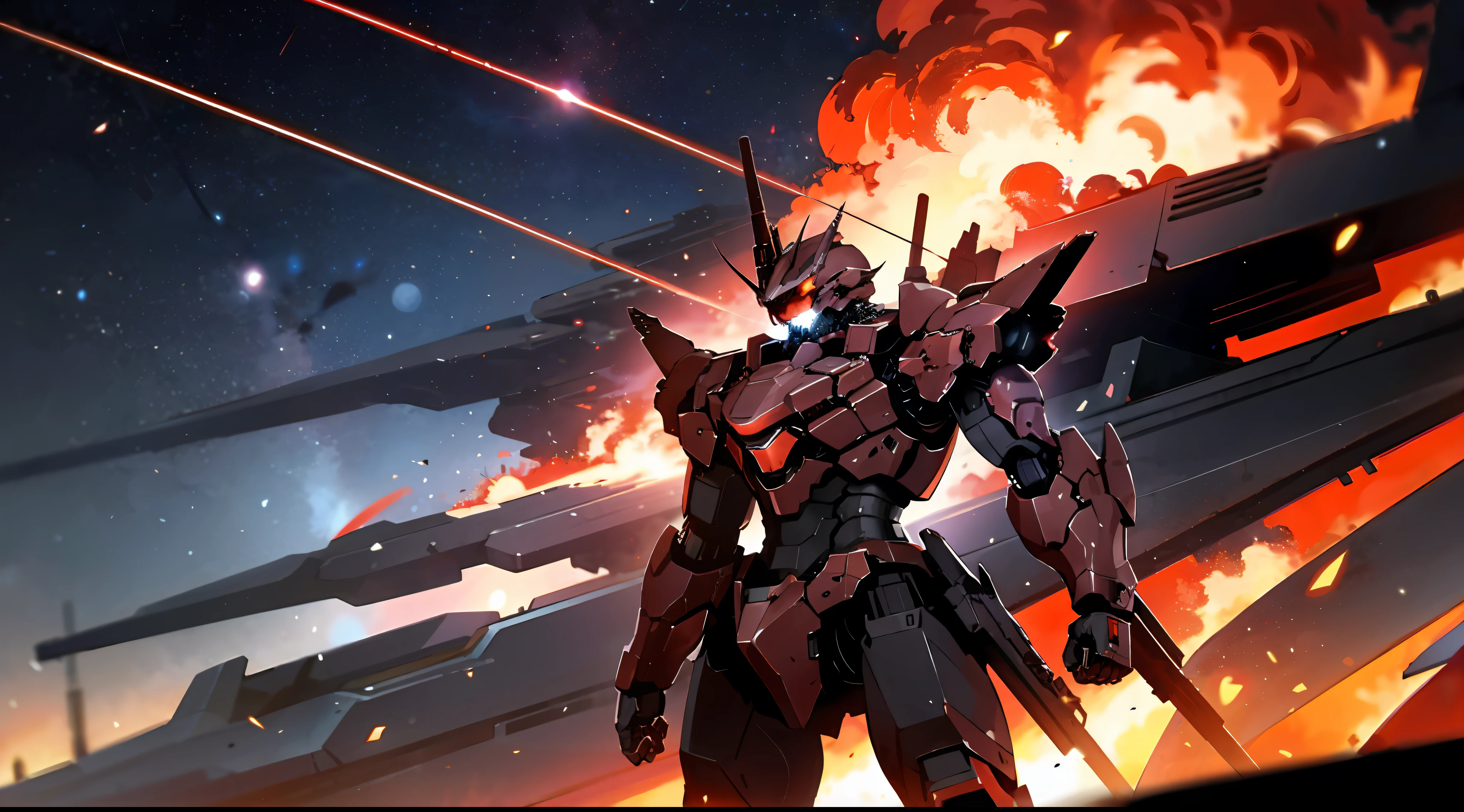 Armored core in a flaming city, cosmic sky with burning red nebulae