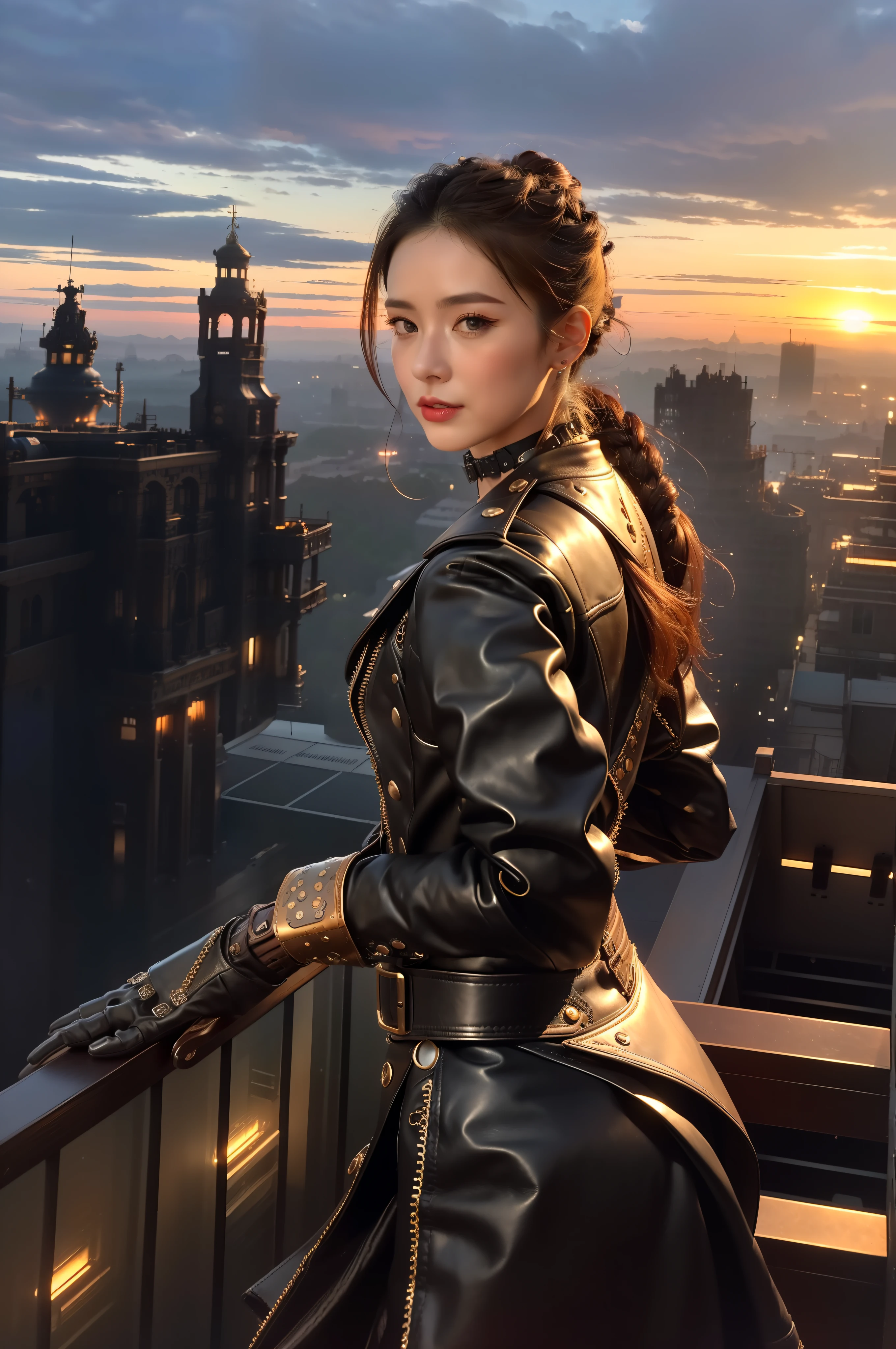 (a detailed portrait RAW photo of a gorgeous beautiful ((Finnish)) , realistic, solo, front view,POV,looking in camera, flirting with the camera, (masterpiece),(photorealistic:1.3), nfsw, ultra-detailed, (high detailed skin:1.2),(best quality:1.0), (ultra highres:1.0),(by samdoesart, by Antonio J. Manzanedo), fit, back light, GOLDEN HOUR, petite, choker, slim, choker, beautiful, Wearing a stylish leather jacket with intricate gears and goggles,
Hair styled in a voluminous updo with gears and cogs as accessories,
Accessorized with leather gloves and a utility belt with various gadgets,
Posing with one foot on the edge of an airship, looking off into the distance,
Captured from an above view angle,
The scene set in a steampunk-inspired sky filled with floating islands and mechanical contraptions.
