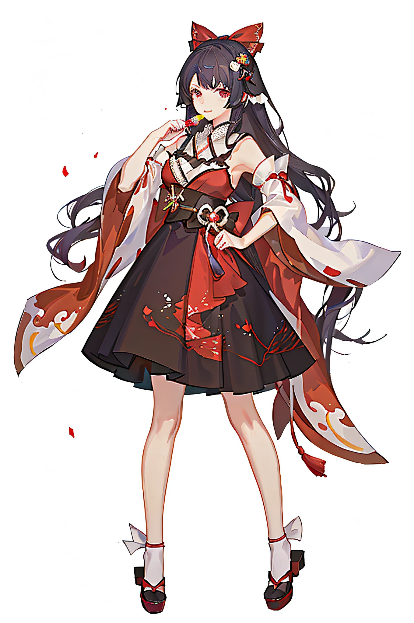 anime girl in a red dress and black dress holding a fan, touhou character, official character art, anime moe artstyle, hanayamata, yayoi kasuma, onmyoji portrait, sayori, official art, ayaka genshin impact, anime full body illustration, artistic render of reimu hakurei, cute anime waifu in a nice dress