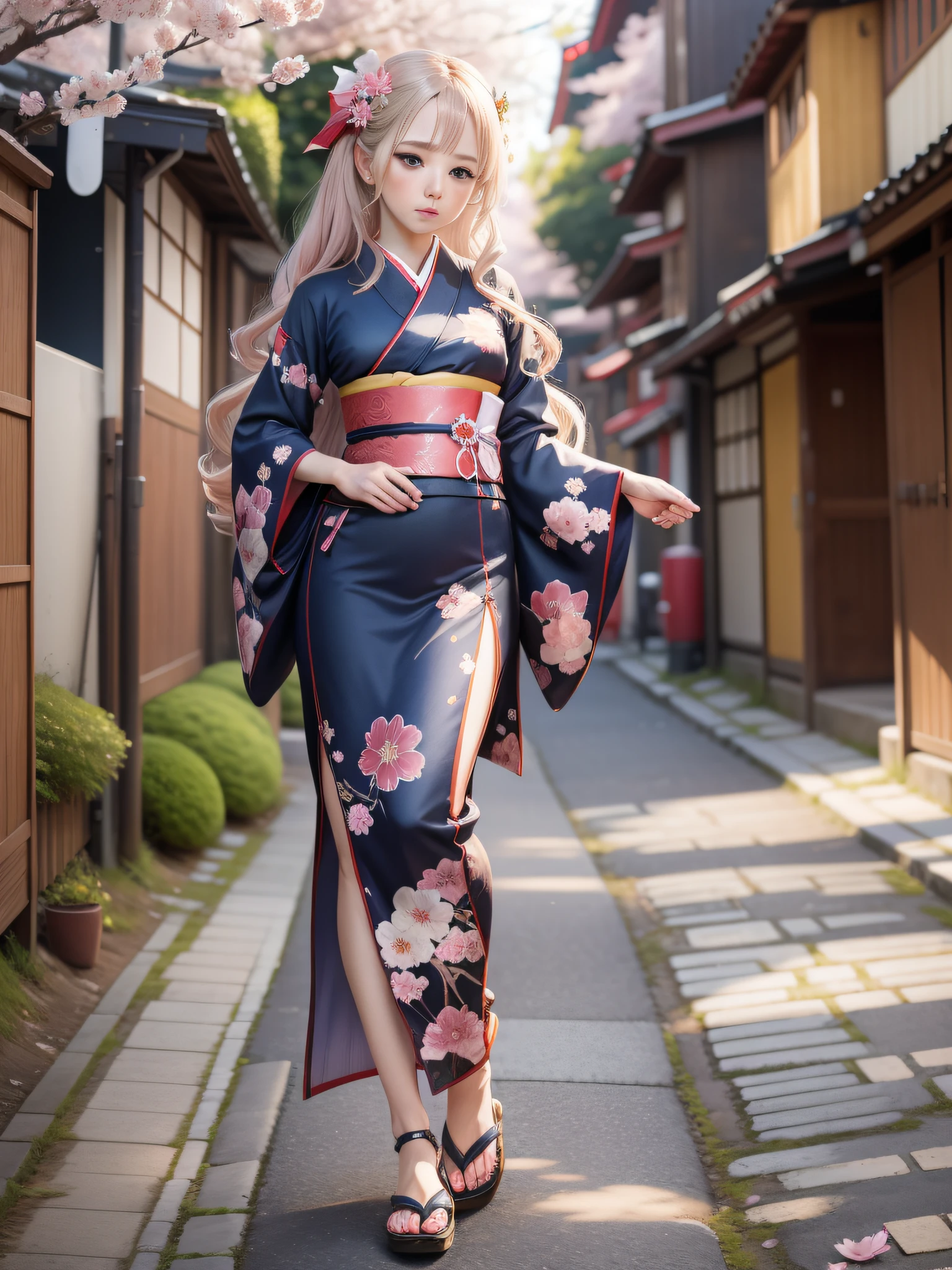 full body,full shot,sfw,beautiful russian girl in the image of a geisha with big bright blue eyes and long fluffy eyelashes Nordic type with a perfect miniature and graceful figure and very long and fluffy wavy wheat-colored hair stands full-length in the alley against a blooming Japanese pink sakura in a Japanese kimono colour NAVY BLUE and Japanese shoes gatte colour NAVY BLUE, The kimono of the girl is laced with intricate patterns of appliqué and embroidery of sakura blossoms, small breasts with bulges are translucent through the fabric, the ground on which the girl stands is studded with sakura petals, scene highly artistic, high resolution, sharp focus, Migjorni-V5 artistic style, hyperphotorealism, perfect proportions, golden ratio, flare, outline, sunlight, soft glow, soft focus, photography technique Monocle