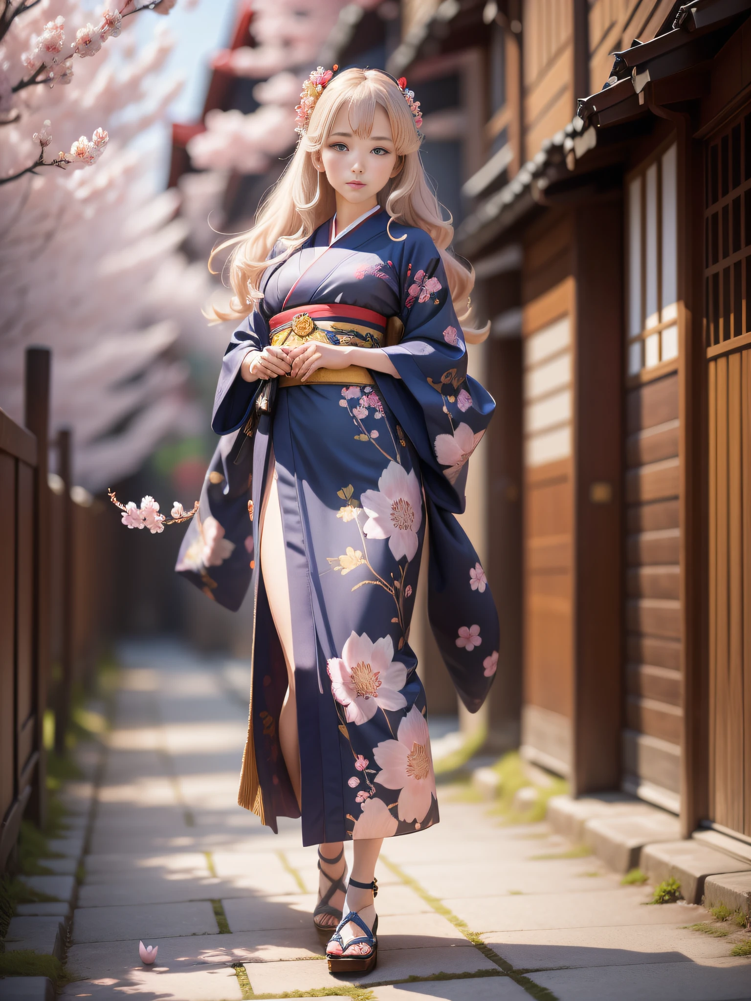 full body,full shot,sfw,beautiful russian girl in the image of a geisha with big bright blue eyes and long fluffy eyelashes Nordic type with a perfect miniature and graceful figure and very long and fluffy wavy wheat-colored hair stands full-length in the alley against a blooming Japanese pink sakura in a Japanese kimono colour NAVY BLUE and Japanese shoes gatte colour NAVY BLUE, The kimono of the girl is laced with intricate patterns of appliqué and embroidery of sakura blossoms, small breasts with bulges are translucent through the fabric, the ground on which the girl stands is studded with sakura petals, scene highly artistic, high resolution, sharp focus, Migjorni-V5 artistic style, hyperphotorealism, perfect proportions, golden ratio, flare, outline, sunlight, soft glow, soft focus, photography technique Monocle