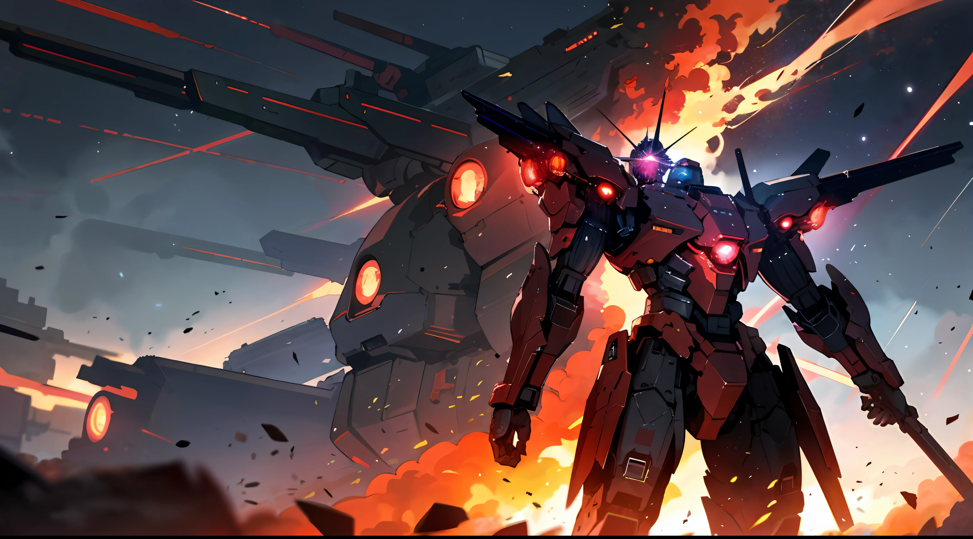 Armored core in a flaming city, cosmic sky with burning red nebulae