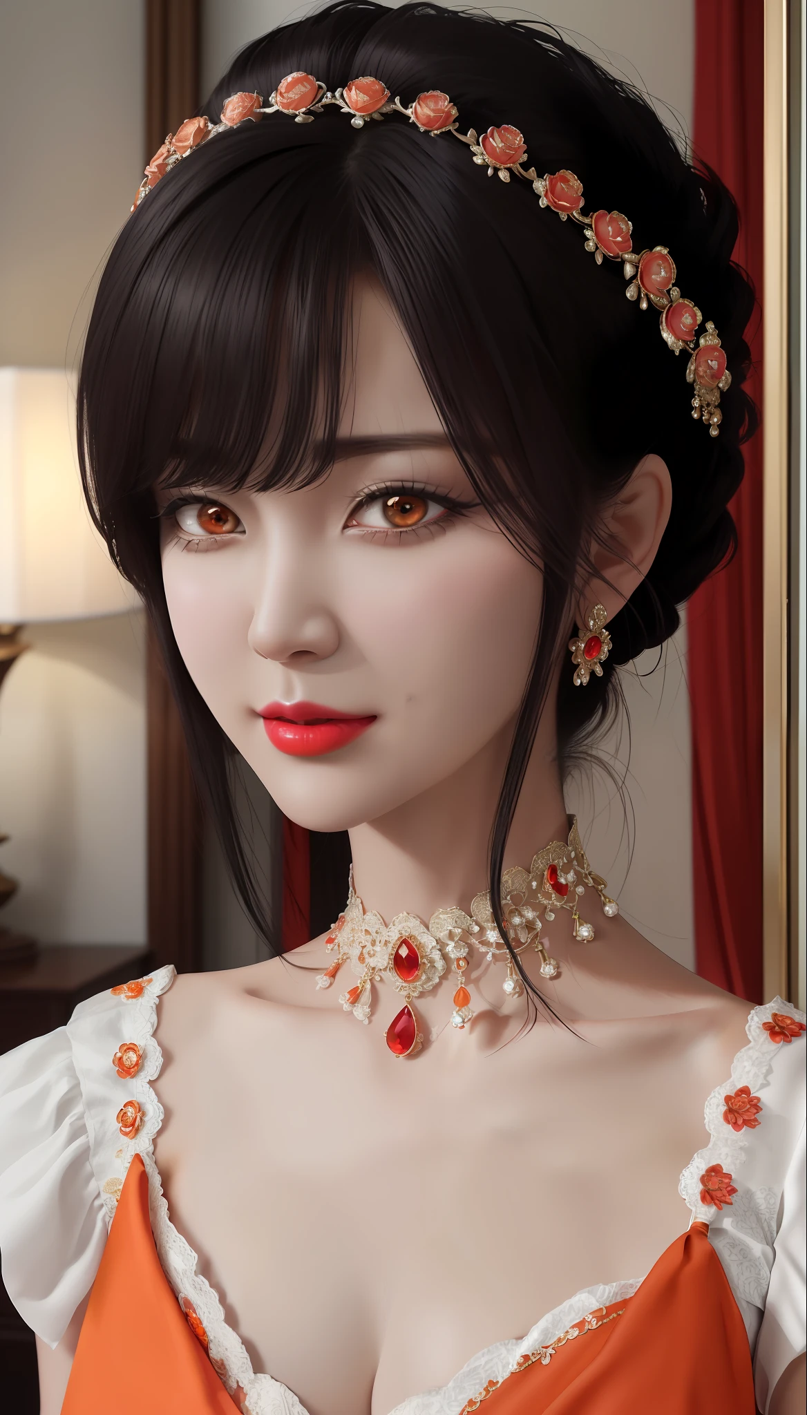 1 beautiful mature girl, looking at viewer, upper body, realistic,real girl, The girl is shy and embarrassed, Front bangs, large breasts and round, excessively frilled princess dress, draped clothes, flawless face, jewelry, ornament, flower, lace trim, beautiful big and round orange eyes, sharp eyebrows, very sharp and detailed peacock eyelashes and makeup, red lips, Smile without opening your lips, long silky black hair and jewelry clips, masterpiece, best quality, 8k, detailed skin texture, detailed cloth texture, beautiful detailed face, intricate details, ultra detailed, rim lighting, side lighting, cinematic light, ultra high res, 8k uhd, film grain,best shadow, delicate, RAW