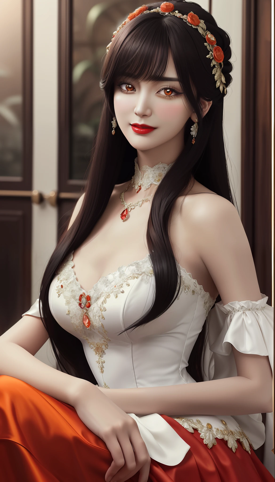1 beautiful mature girl, looking at viewer, upper body, realistic,real girl, The girl is shy and embarrassed, Front bangs, large breasts and round, excessively frilled princess dress, draped clothes, flawless face, jewelry, ornament, flower, lace trim, beautiful big and round orange eyes, sharp eyebrows, very sharp and detailed peacock eyelashes and makeup, red lips, Smile without opening your lips, long silky black hair and jewelry clips, masterpiece, best quality, 8k, detailed skin texture, detailed cloth texture, beautiful detailed face, intricate details, ultra detailed, rim lighting, side lighting, cinematic light, ultra high res, 8k uhd, film grain,best shadow, delicate, RAW