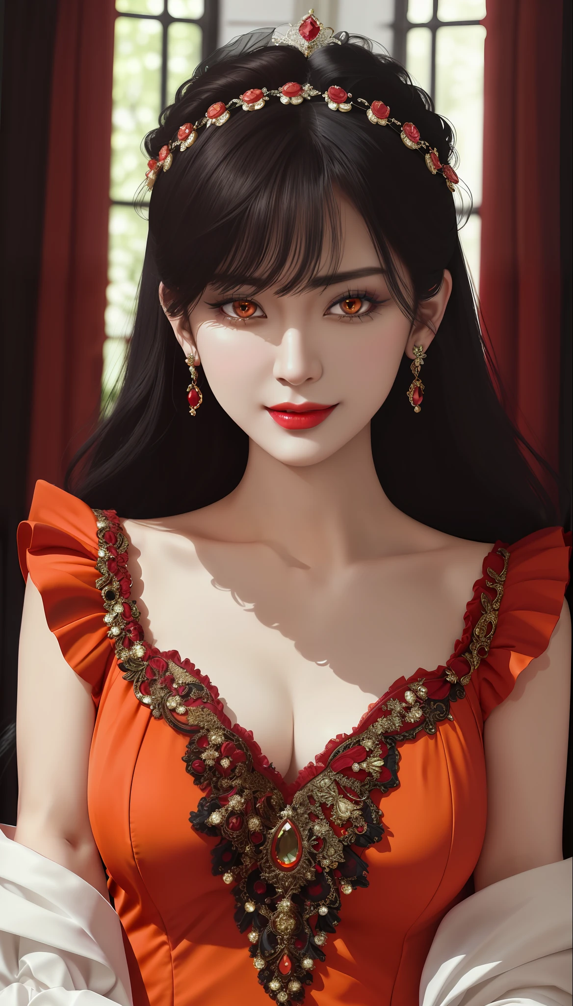 1 beautiful mature girl, looking at viewer, upper body, realistic,real girl, The girl is shy and embarrassed, Front bangs, large breasts and round, excessively frilled princess dress, draped clothes, flawless face, jewelry, ornament, flower, lace trim, beautiful big and round orange eyes, sharp eyebrows, very sharp and detailed peacock eyelashes and makeup, red lips, Smile without opening your lips, long silky black hair and jewelry clips, masterpiece, best quality, 8k, detailed skin texture, detailed cloth texture, beautiful detailed face, intricate details, ultra detailed, rim lighting, side lighting, cinematic light, ultra high res, 8k uhd, film grain,best shadow, delicate, RAW