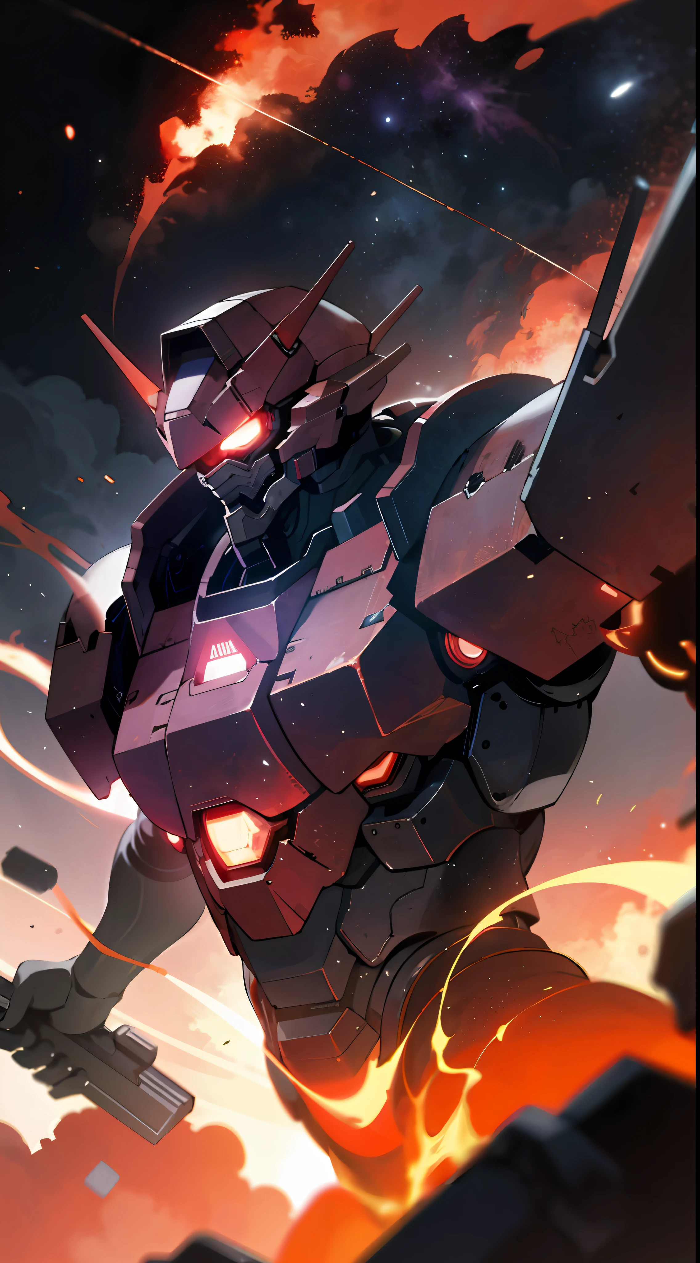 Armored core in a flaming city, cosmic sky with burning red nebulae