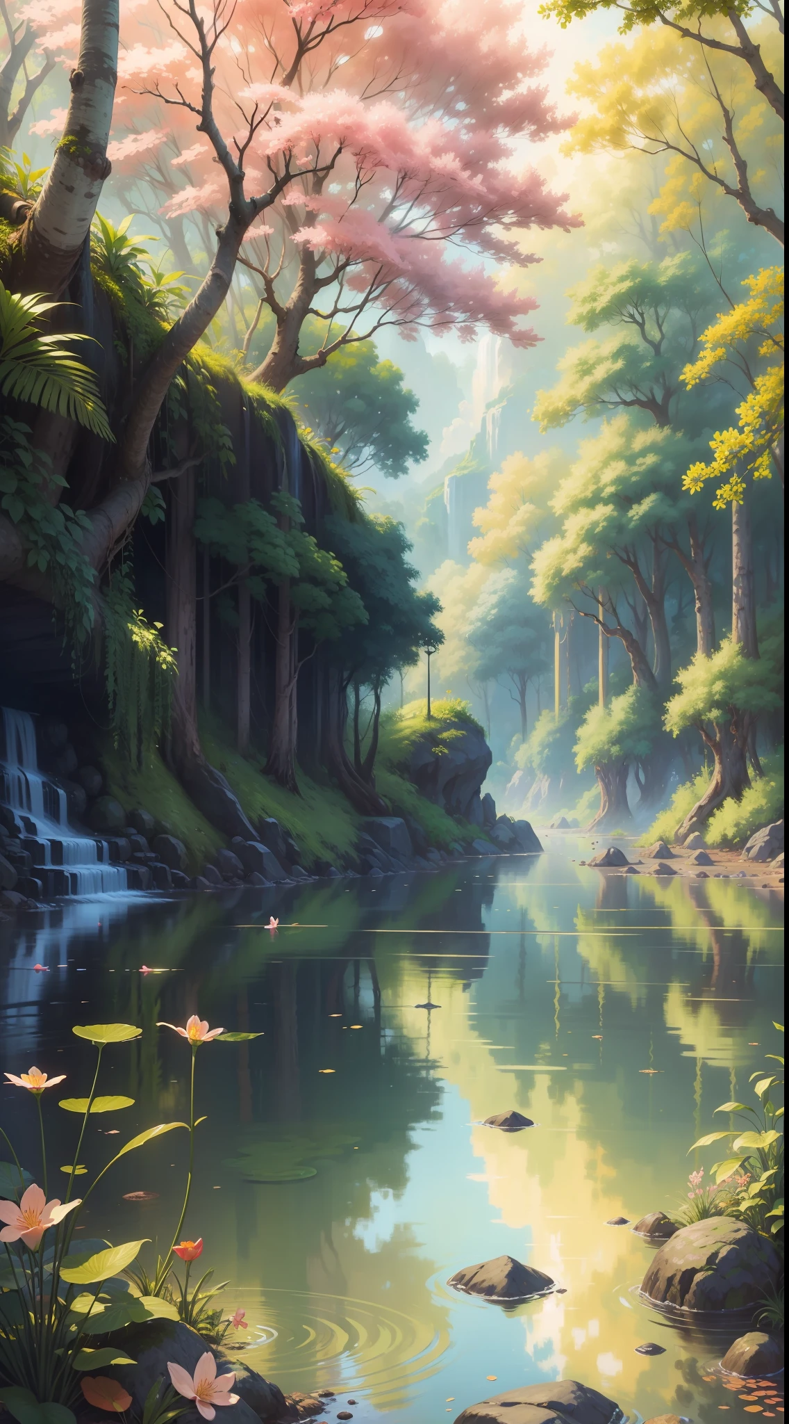 (High Resolution: 1.1), Best Quality, (Masterpiece: 1.2), Vibrant Colors, Digital Painting, Jungle, Water, Natural Beauty, Peaceful Oasis, Sakura Trees, Blue Sky