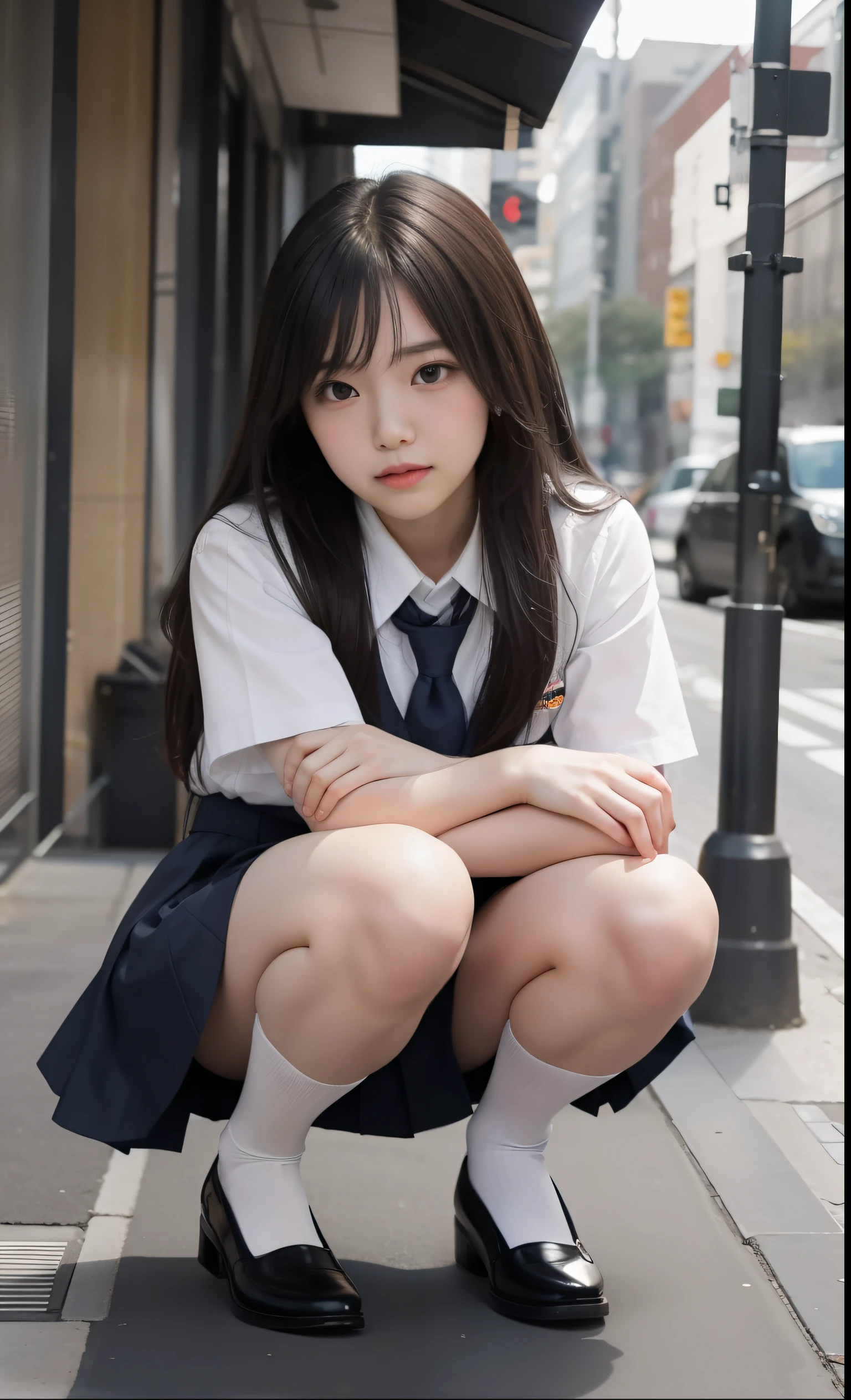 angle from below, Move your center of gravity back, pretty embarrassing, no panties, thin legs, tight skirts, knees at 90 degrees, heels on the ground on, hands in front of my feet, kneeling down, sidewalk, RAW photos, 8K, highest quality, ultra-high resolution, beautiful faces detailed, real human skin, gentle expressions, Front view, long hair, realistic, photorealistic, cute, short skirt, squatting to spread legs deep, in the city, cute school girl, Japanese schoolgirl uniform, wearing Japanese school uniform, surreal high school girl, whole body,
