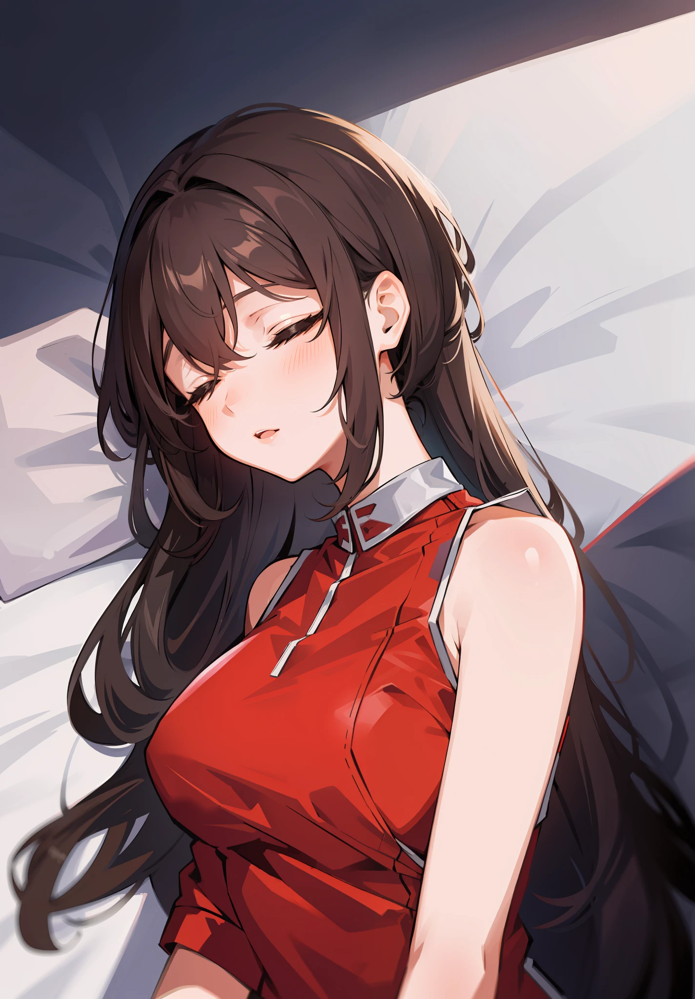 ((Sleeping Girl)), 22 years old, realistic, she is in pajamas, wearing black erotic pajamas, brown hair, (open small mouth: 1.4)