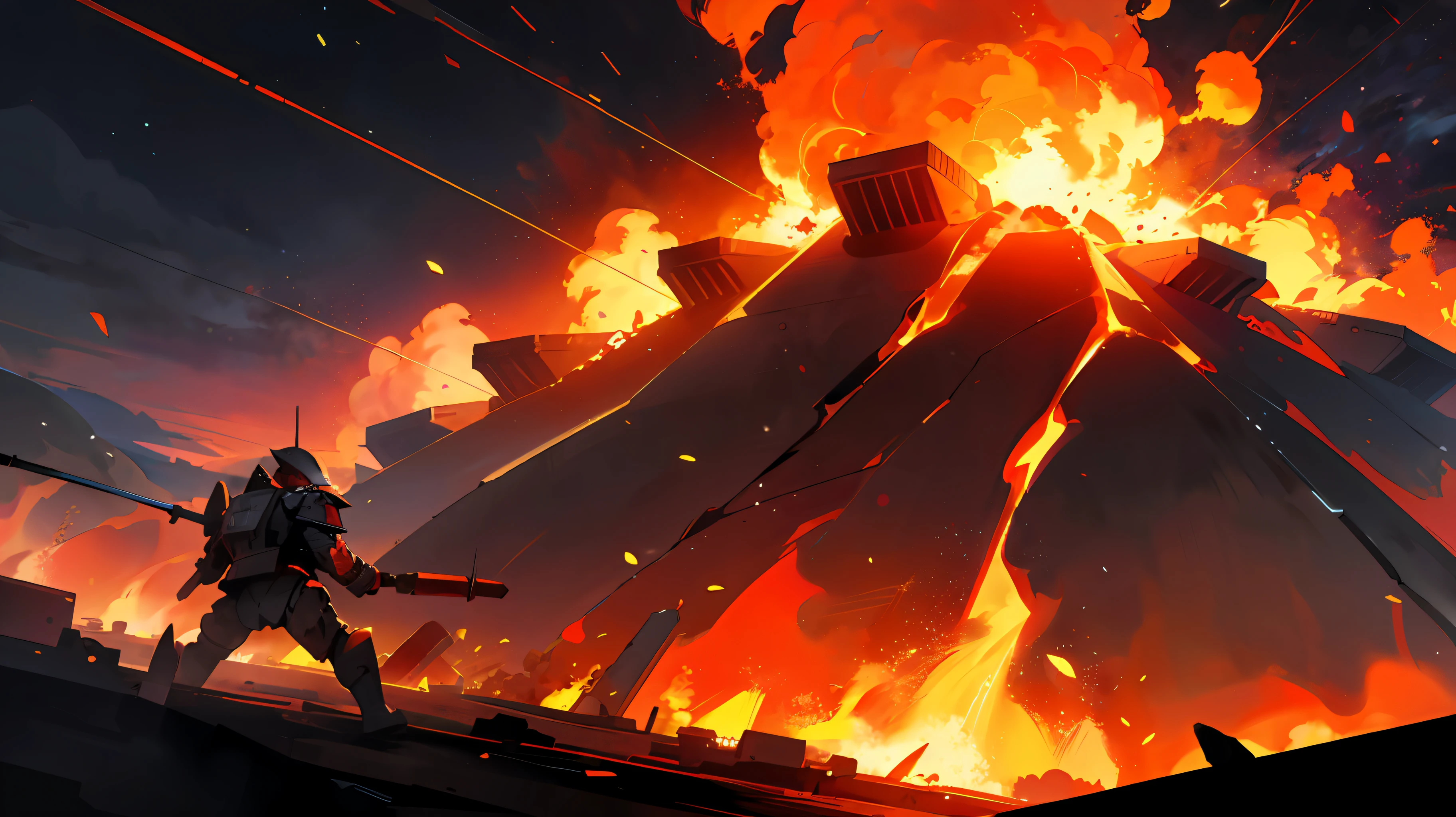 A war of armored Cores in a flaming city, red cosmic sky on fire