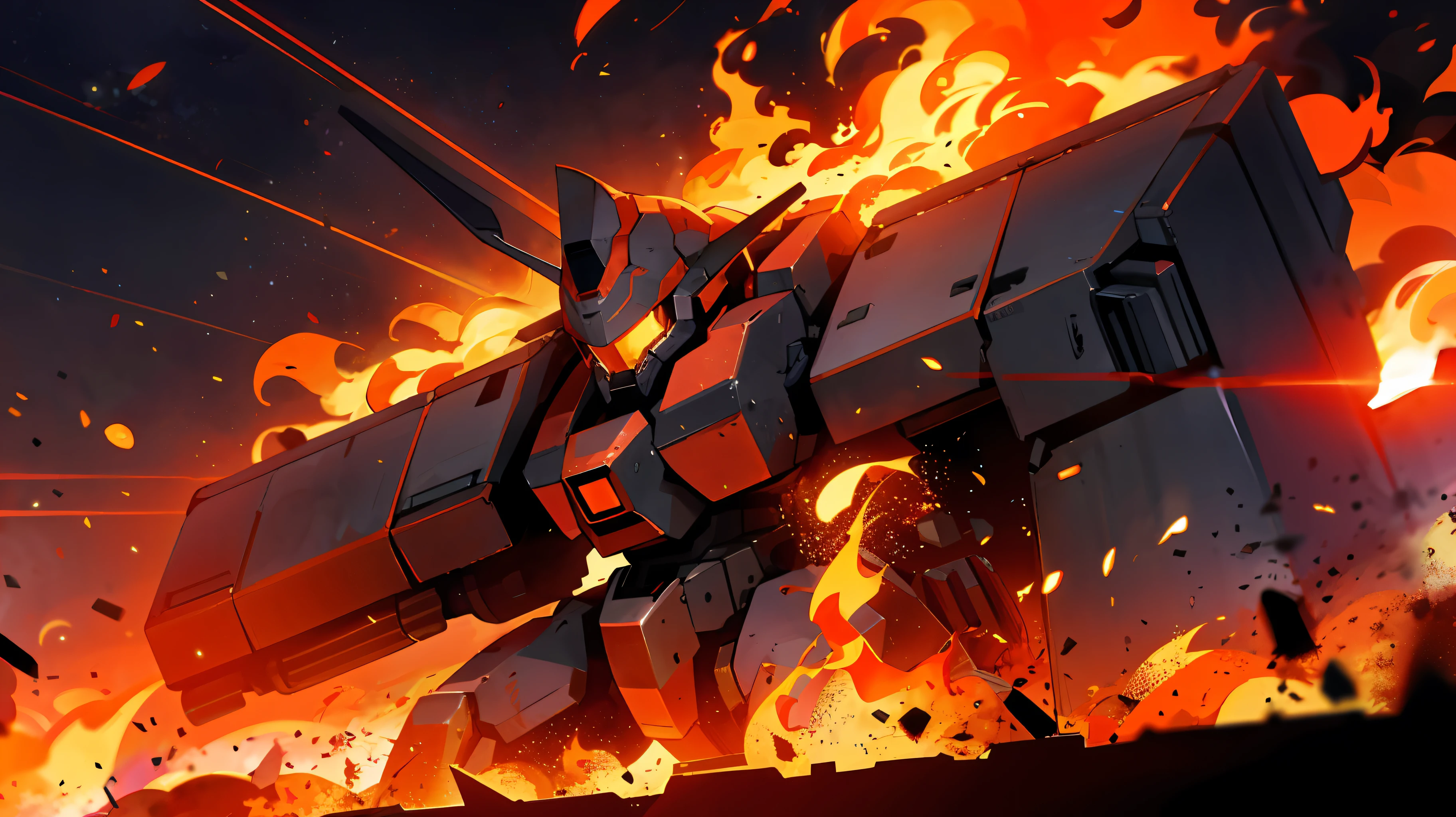 A war of armored Cores in a flaming city, red cosmic sky on fire