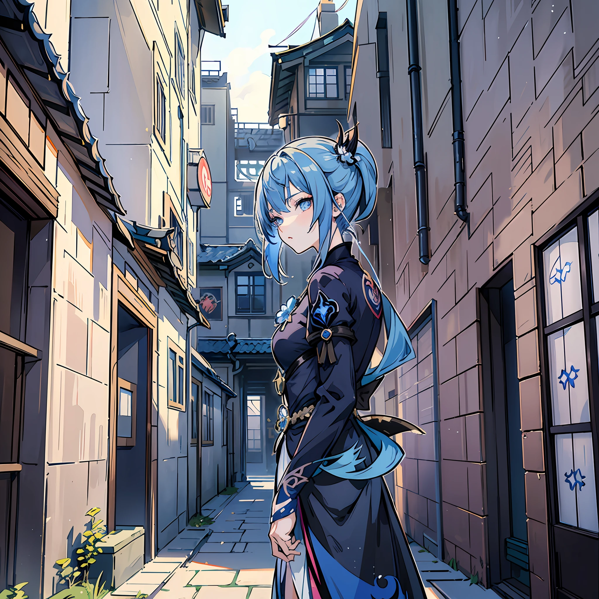 Anime character with blue hair and blue eyes standing in front of a building, Genshin, Ayaka Genshin Impact, Genshin Impact character, sad Cerulean Eyes, Genshin Impact Style, Genshin Impact video game, Noire, Black anime pupils in your eyes, Mikudayo --auto --s2
