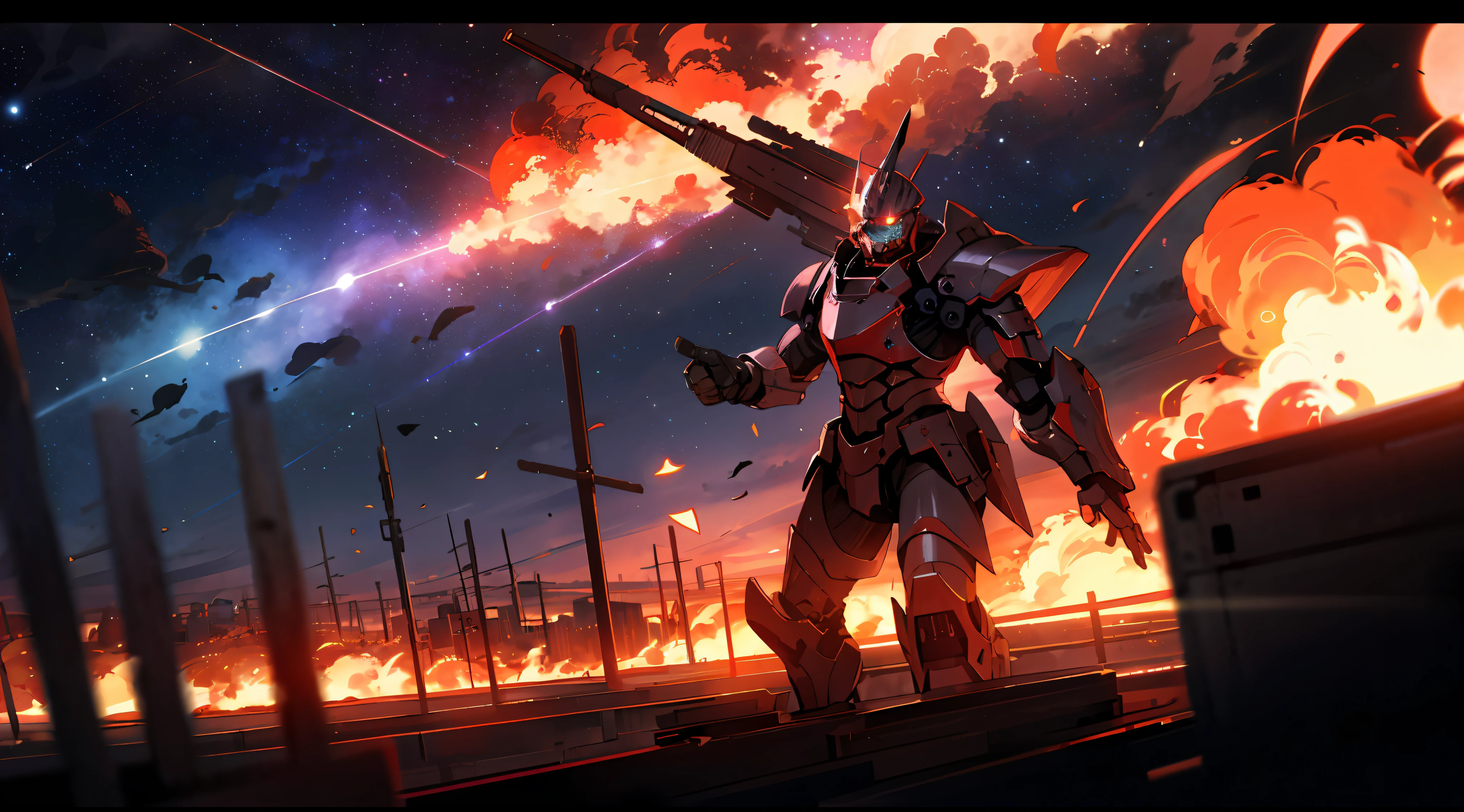 A war of armored Cores in a flaming city, cosmic sky with burning red nebulae