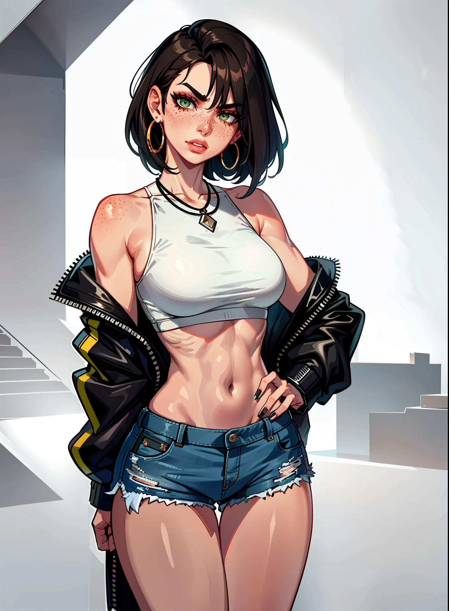1girl, 1 person, solo female, short dark brown hair, chin length hair. Her face is angular with high cheekbones, a straight nose, and full lips. She has green eyes that are often smudged with black eyeliner, giving her a slightly edgy look. Her skin pale and dotted with a few freckles across her nose and cheeks. tall and lean with a toned, athletic build from years of playing sports. broad shoulders and a narrow waist, giving her an androgynous look. Casual clothing like croptop, hoodies, and ripped short jeans. combat boots and accessorizes with simple jewelry like leather bracelets or silver hoop earrings. Despite her tomboyish style, she still likes to show off her femininity with small touches like painted nails or a delicate necklace, Showing a lot of skin, nsfw