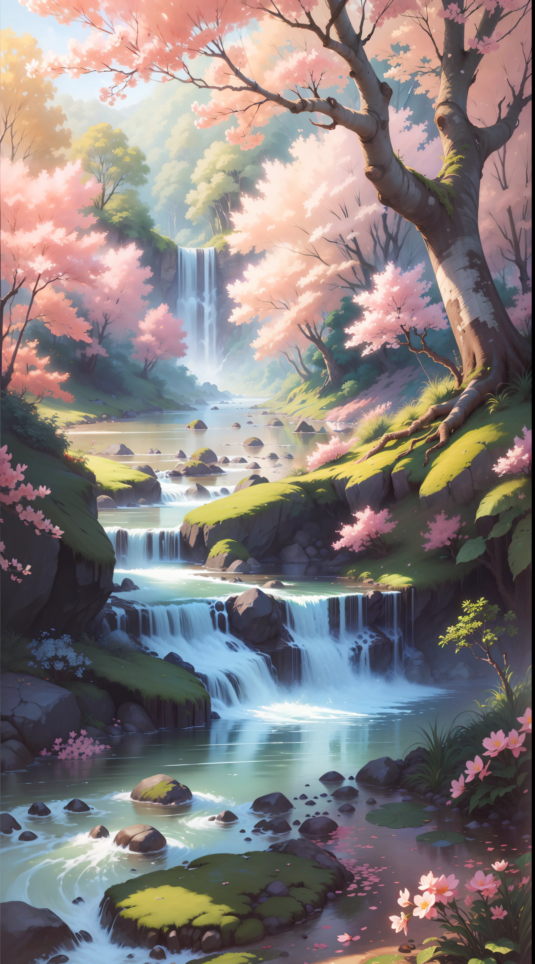 (High Resolution: 1.1), Best Quality, (Masterpiece: 1.2), Vibrant Colors, Digital Painting, Jungle, Water, Natural Beauty, Peaceful Oasis, Sakura Trees, Blue Sky