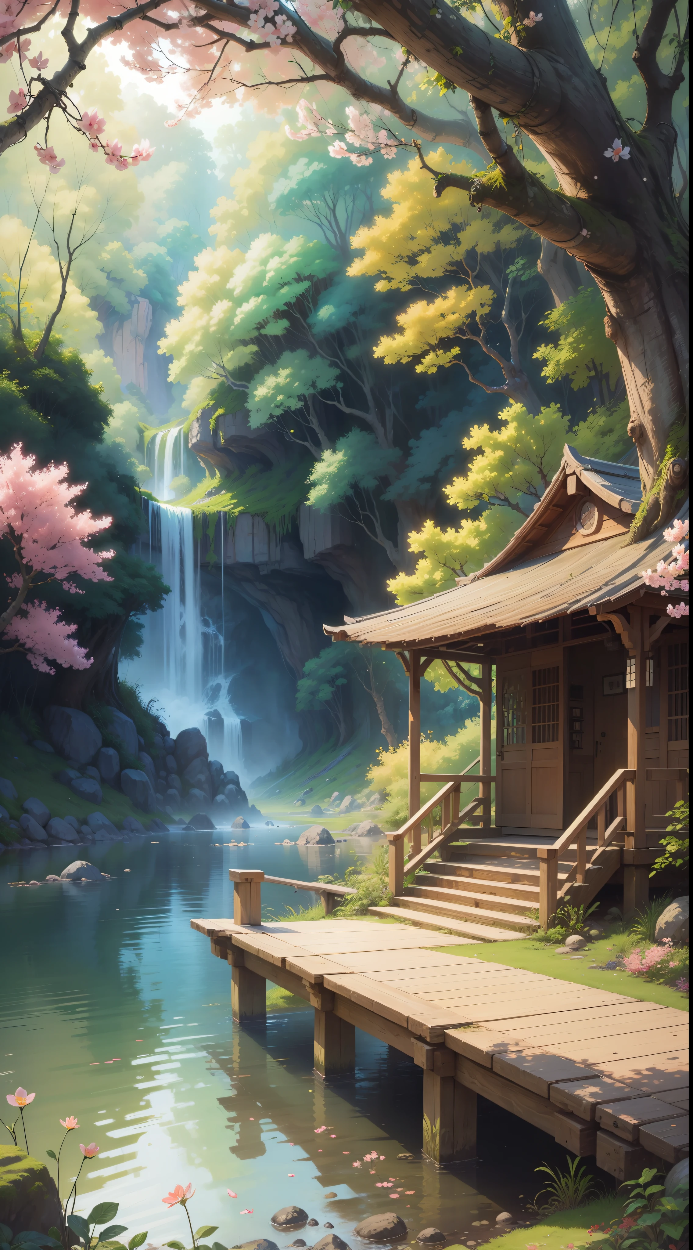 (High Resolution: 1.1), Best Quality, (Masterpiece: 1.2), Vibrant Colors, Digital Painting, Jungle, Water, Natural Beauty, Peaceful Oasis, Sakura Trees, Blue Sky